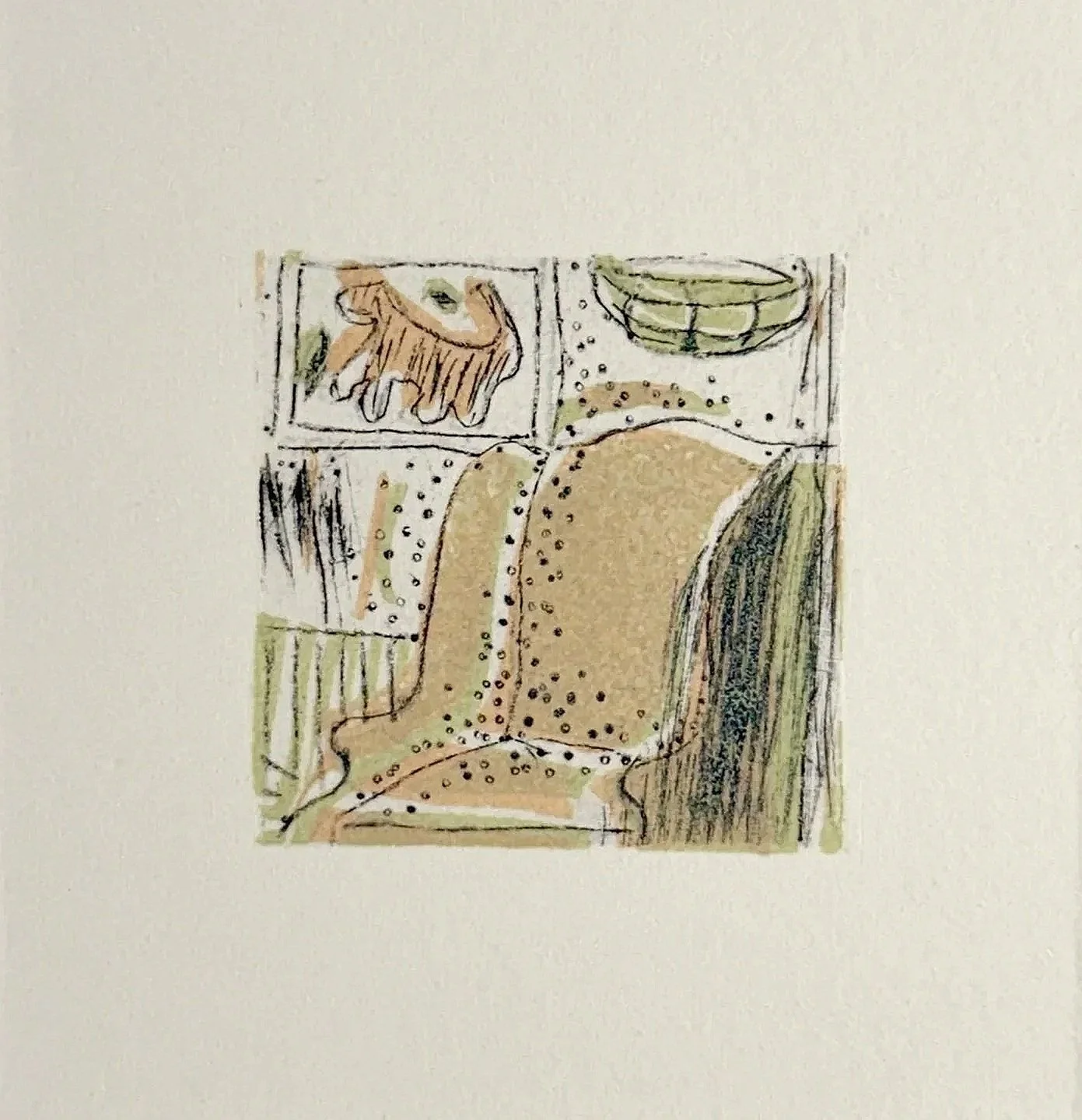 CHAIR, DOG, BASKET, 2 x 2 inches, intaglio ink on Tetrapak, printed on Arches paper, 1/1