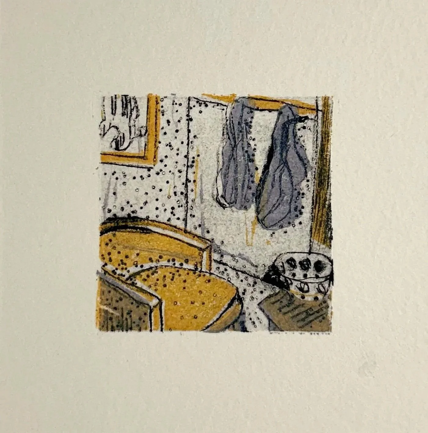 CHAIR & SHIRTS, 2 x 2 inches, intaglio ink on Tetrapak, printed on Arches paper, 1/1