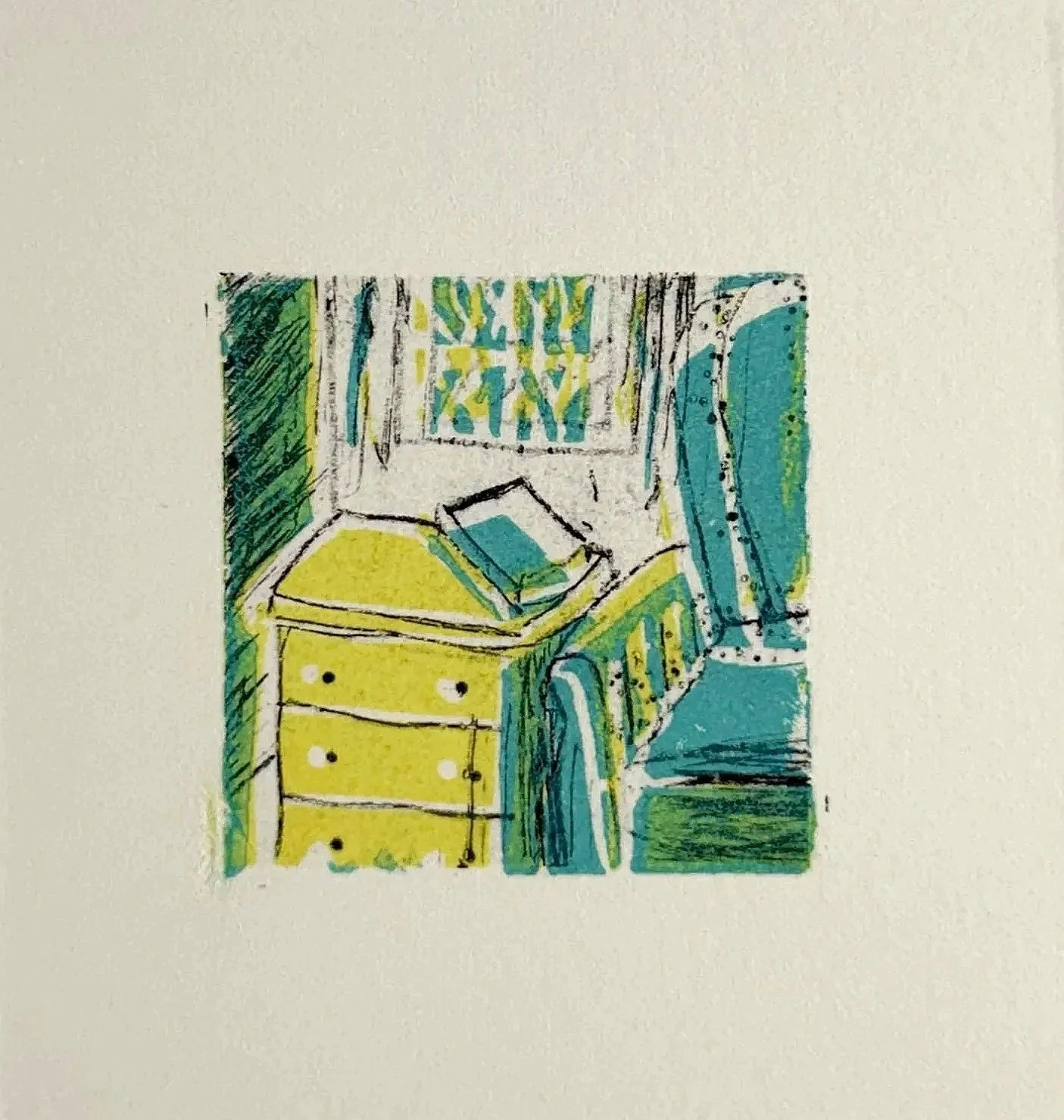 CHAIR, WINDOW, DRESSER, 2 x 2 inches, intaglio ink on Tetrapak, printed on Arches paper, 1/1