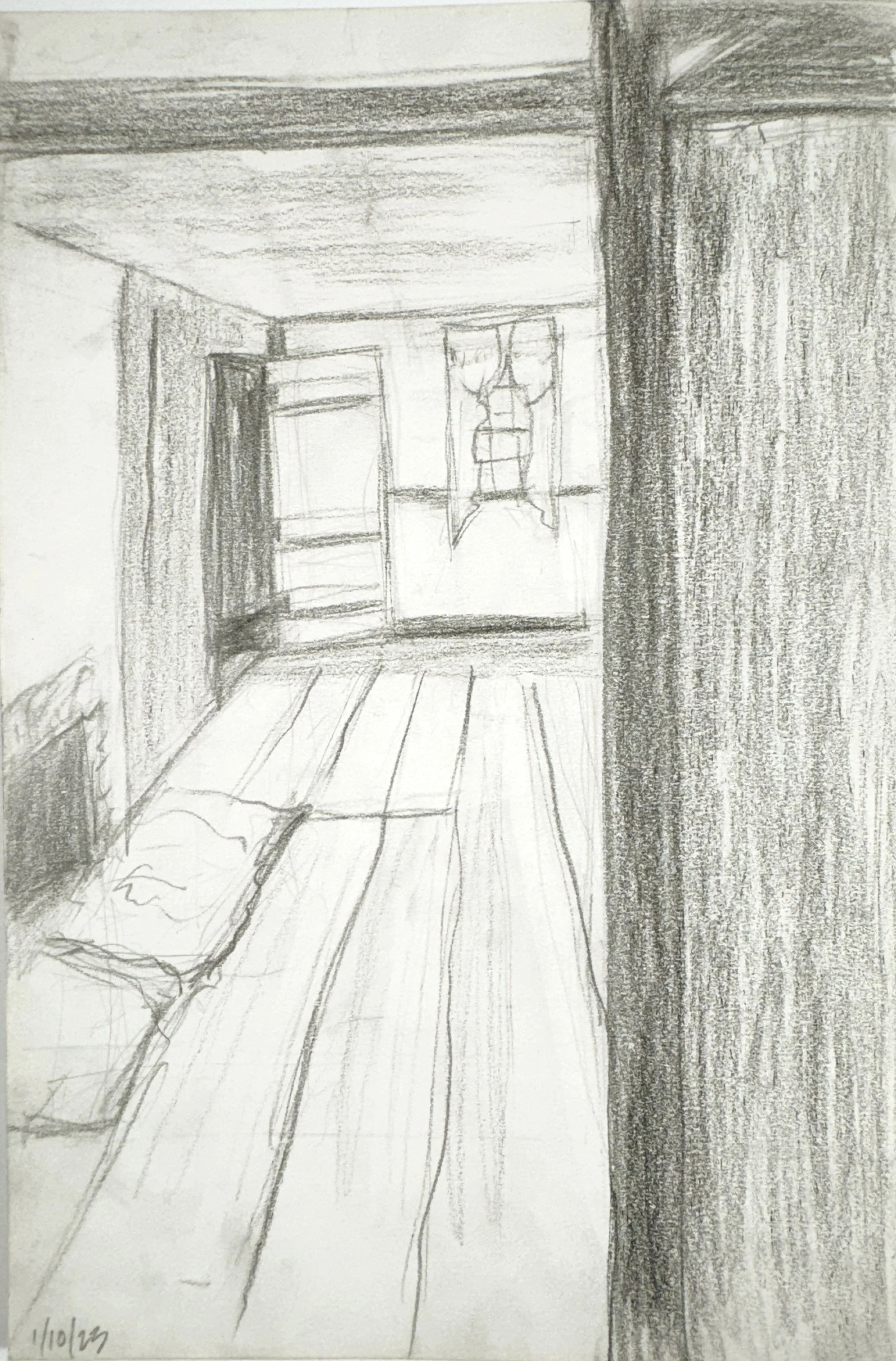 A pencil sketch of a room with two open windows, a bed with a pillow, and wooden floorboards. There is shading on the walls and a visible ceiling beam.