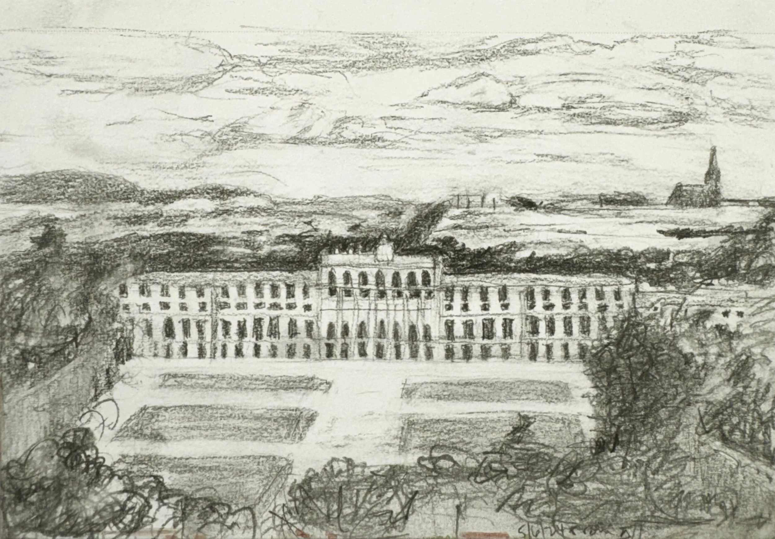 A sketch of a cityscape with an ornate building in the foreground, trees on either side, and a hilly landscape with a church steeple in the background, under a cloudy sky.