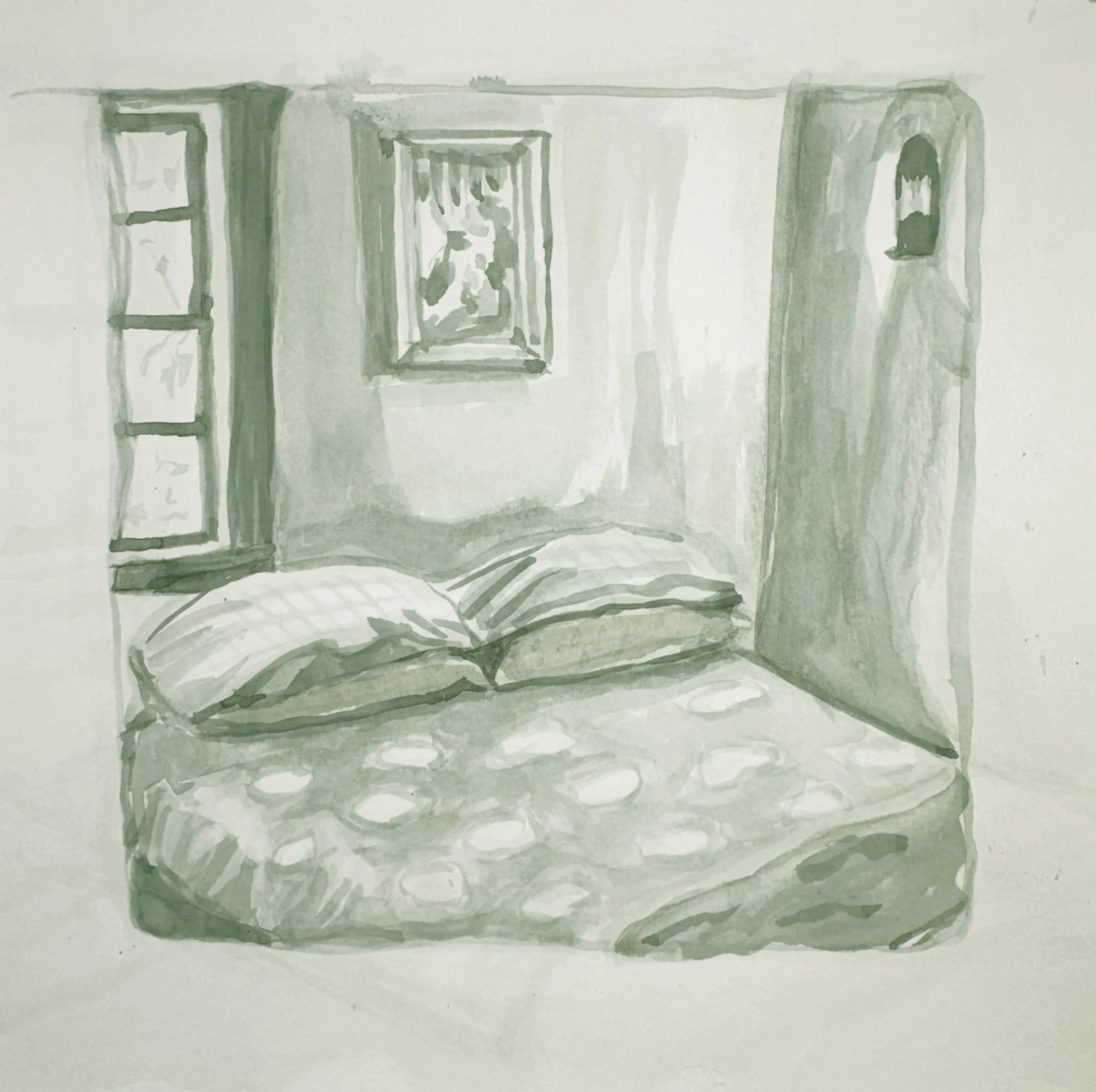 Watercolor painting of a staircase viewed from above, with a handrail on the left side and windows on the right wall.
