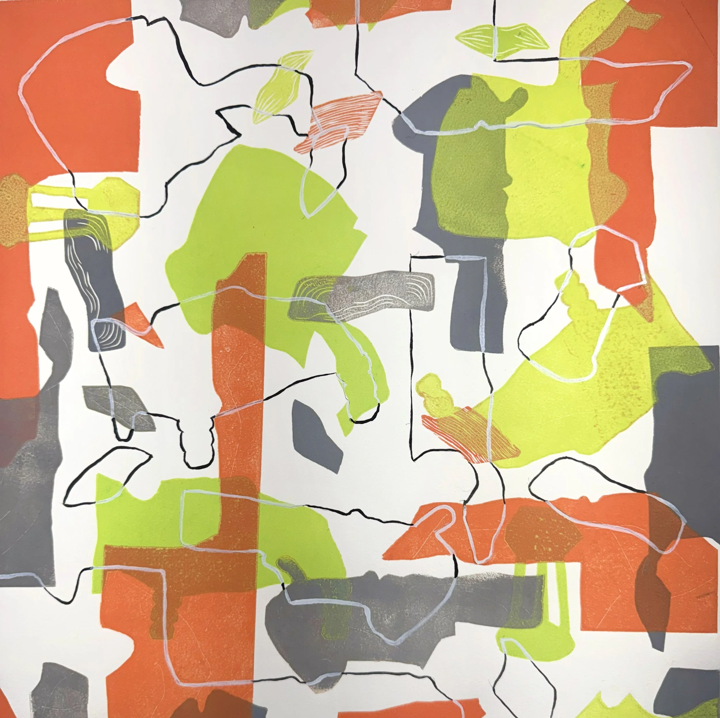 NEW ARRANGEMENT, 17 x 17 inches, relief ink on linoleum with acrylic, printed on Arches paper, 1/1