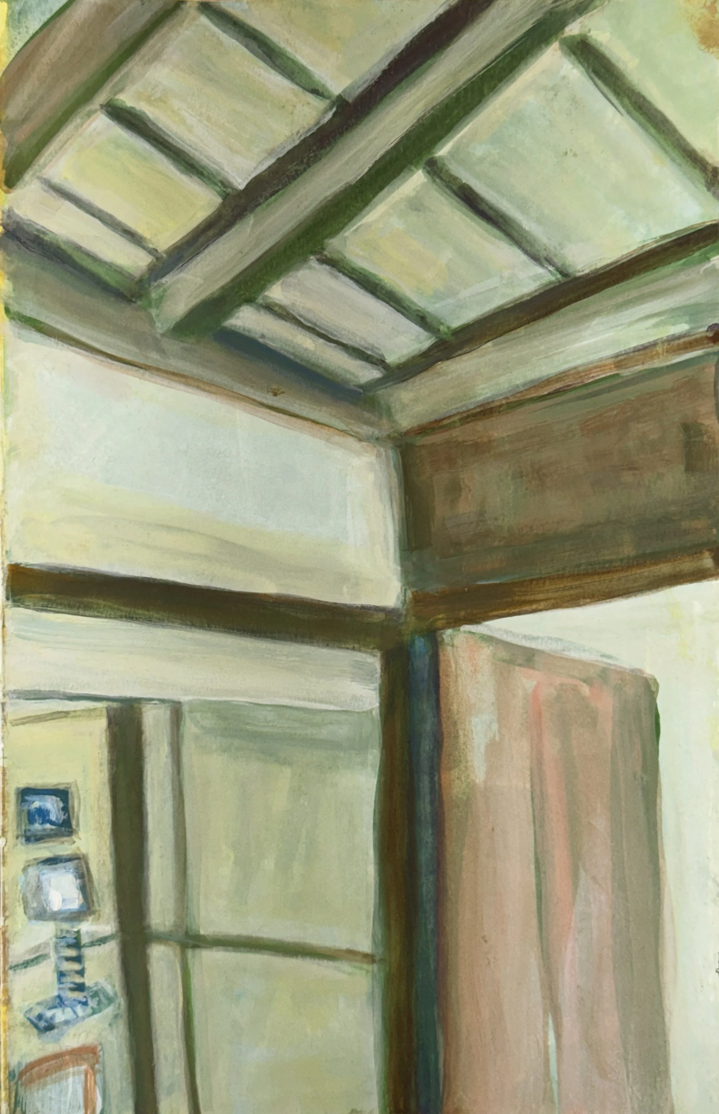 A painting of an indoor space with angled ceilings, a corner wall, and some framed pictures on a table or shelf, in soft pastel colors.
