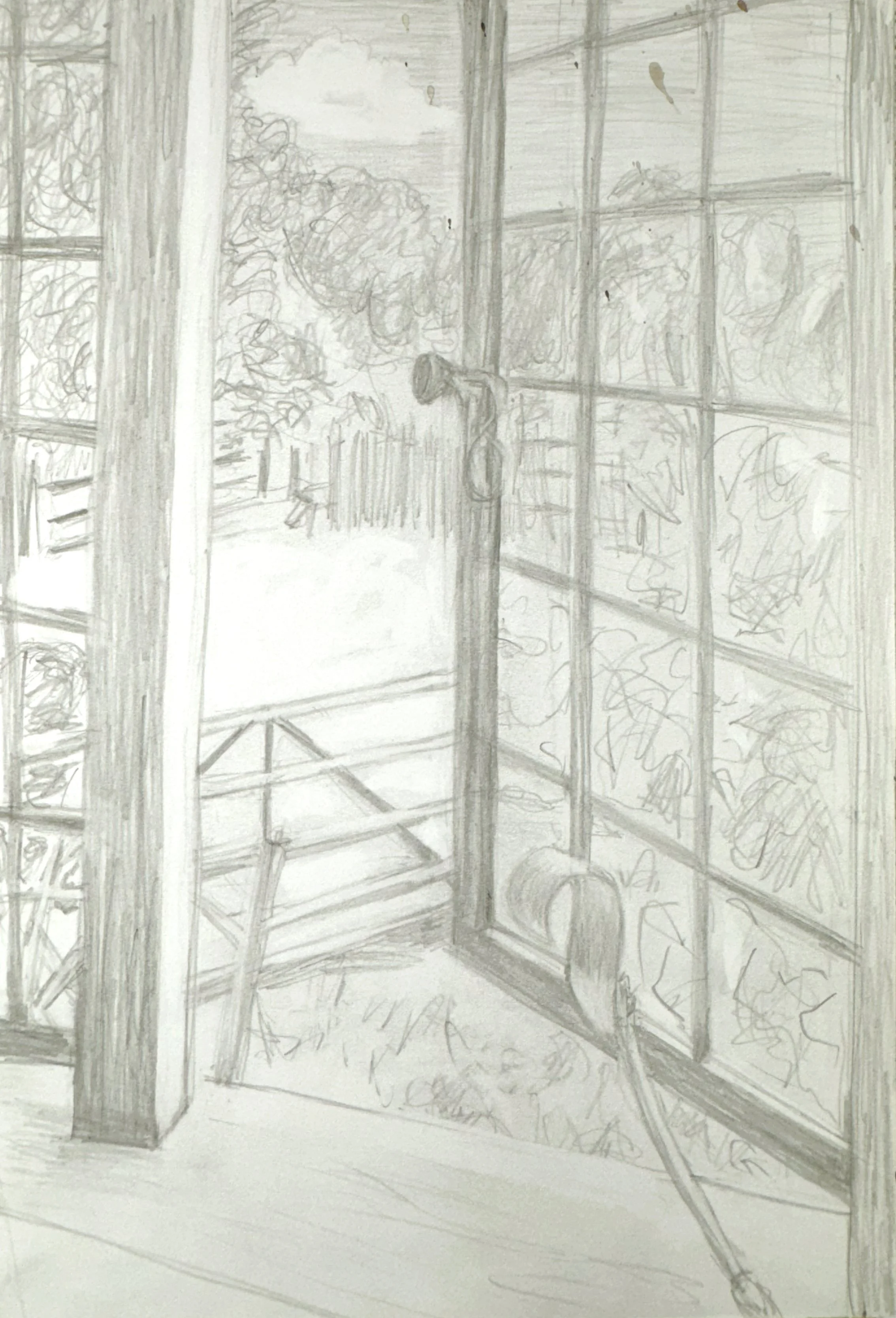 A pencil sketch of a room viewed through a window, with trees outside, a streetlamp, a fence, and part of a house visible.