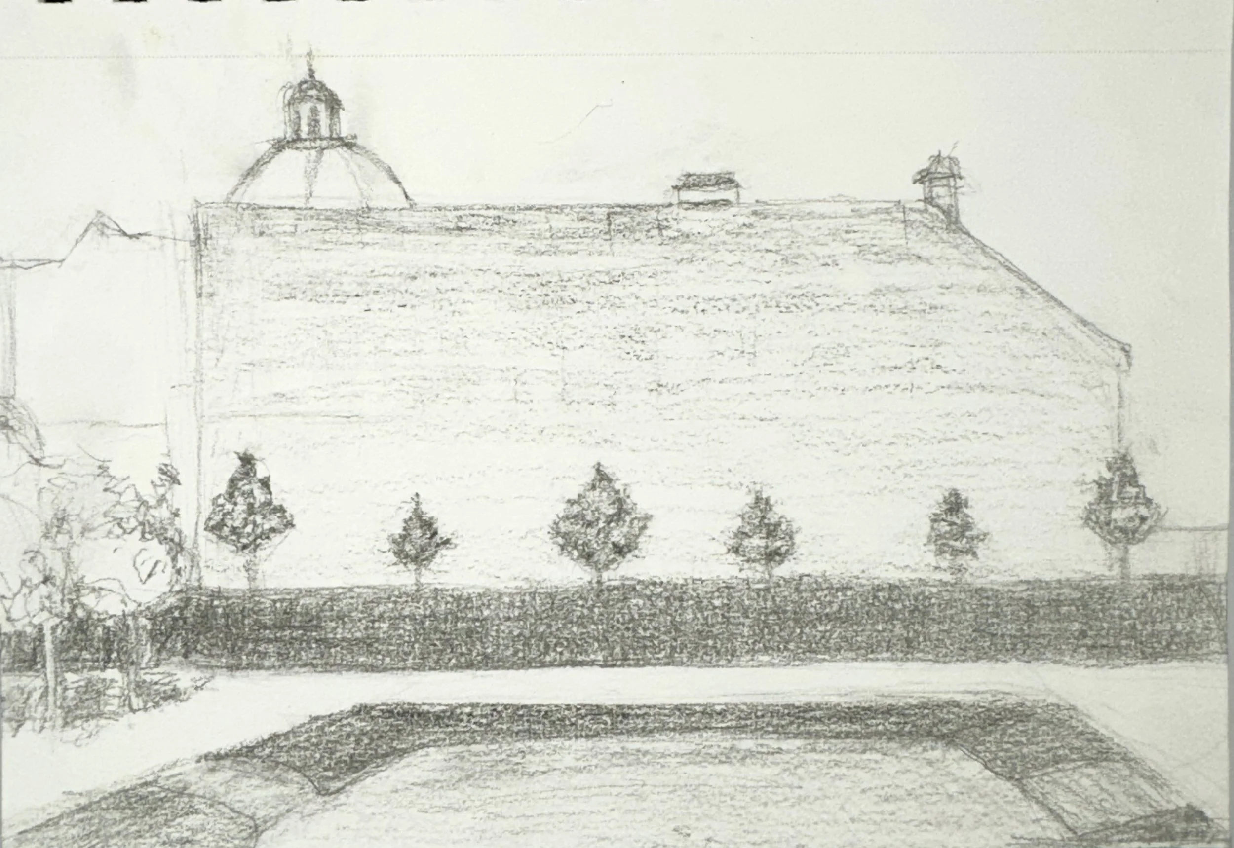 A sketch of a large building with a prominent dome and multiple small towers, viewed from the ground with trees in the foreground.