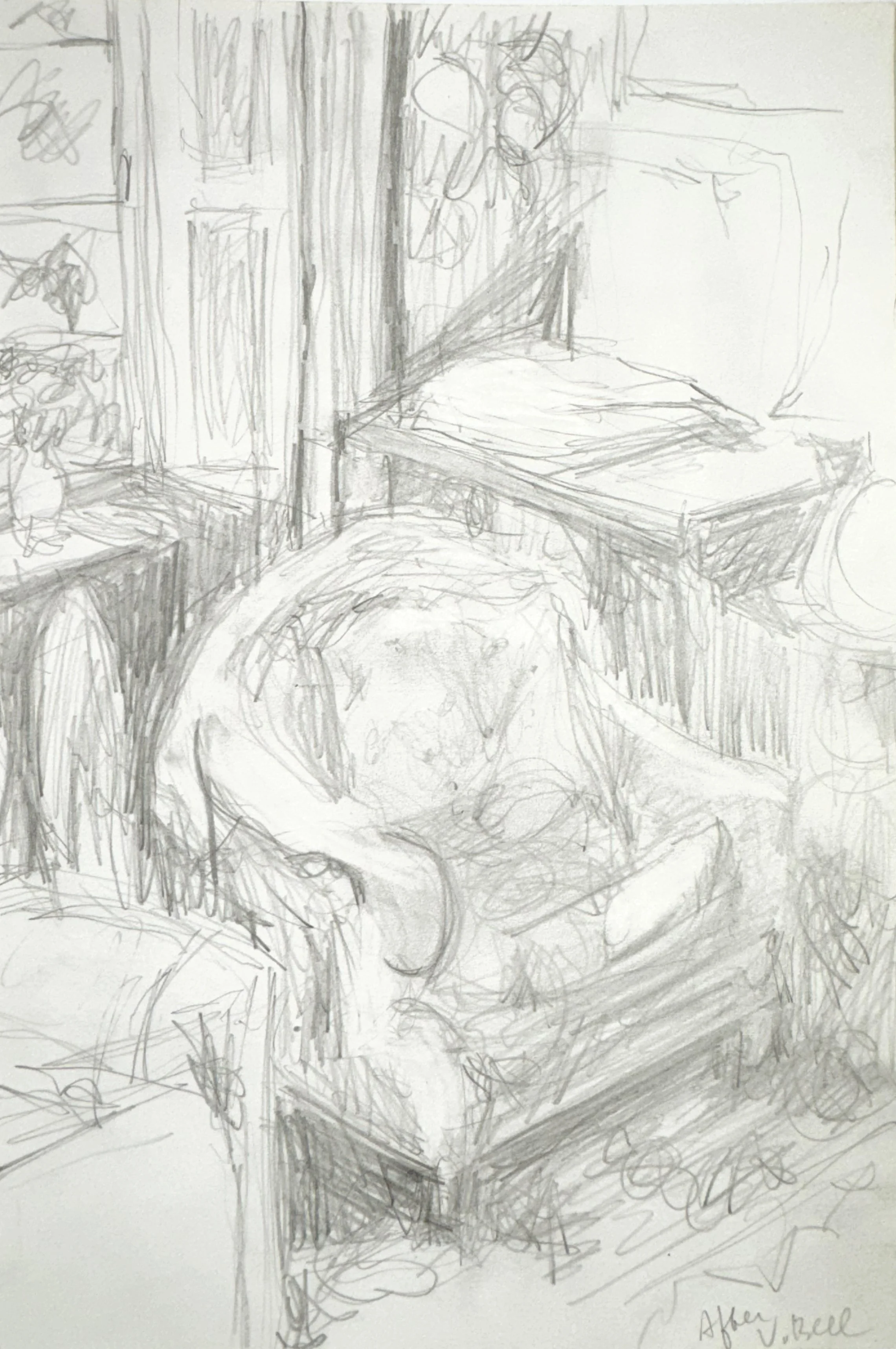 A rough pencil sketch of a modern house with a patio, trees, and a person standing near a window or door, with an outdoor area in front.