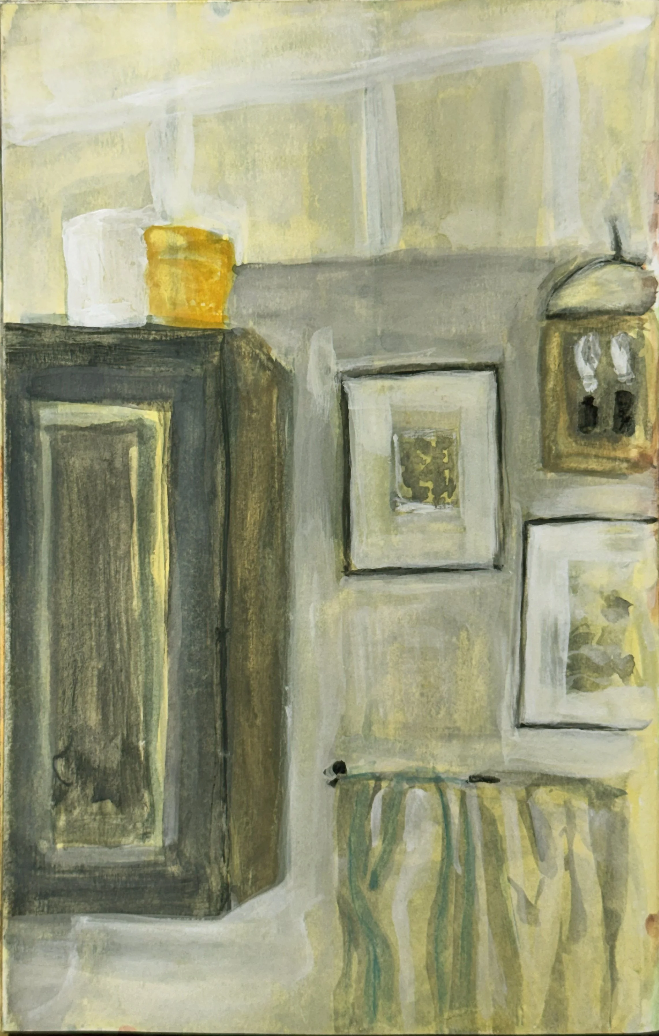 CABINET, SCONCE, PICTURES, 9 x 6 inches, gouache on Fabriano paper