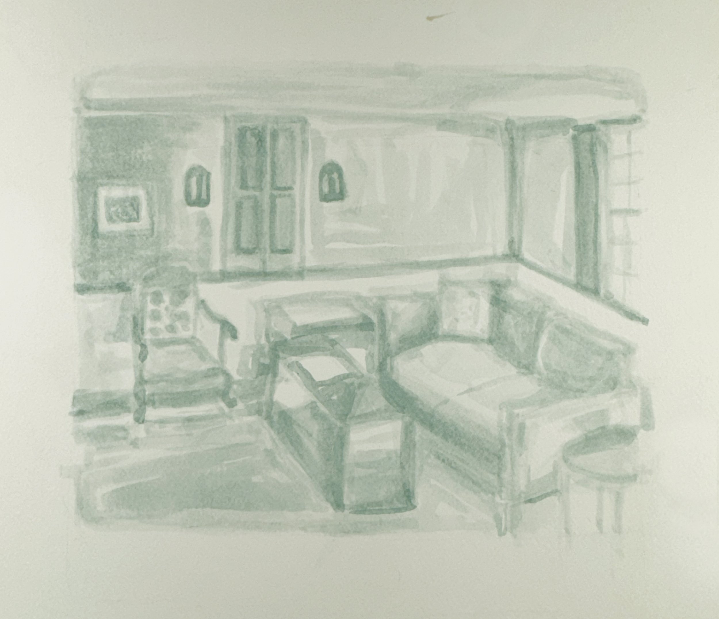 A faint, greenish pencil sketch of a house with a porch, two windows, and a door, drawn on a piece of paper.