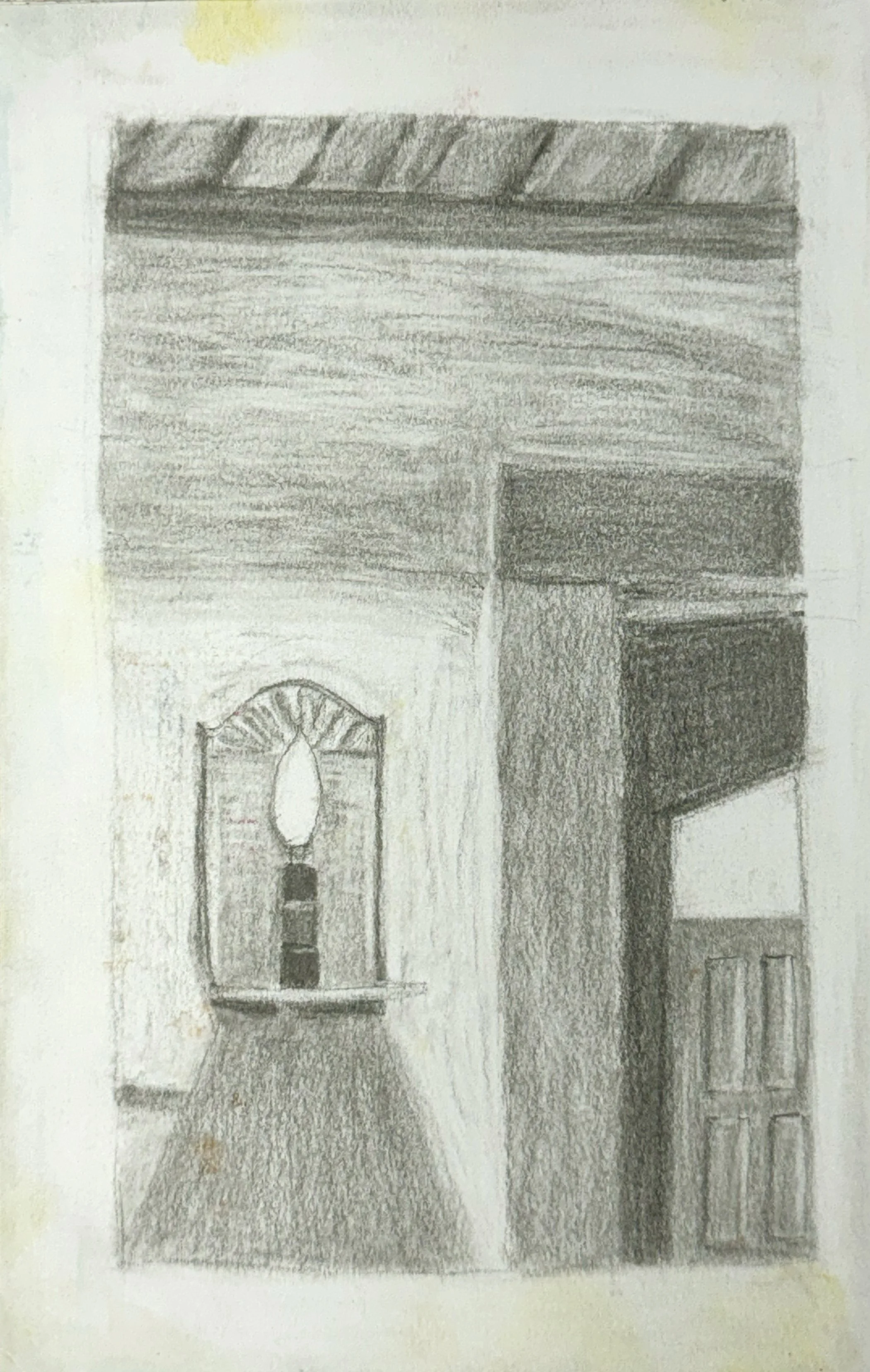 A pencil sketch of a building facade featuring a door with an arched window and decorative elements, and a window above it.