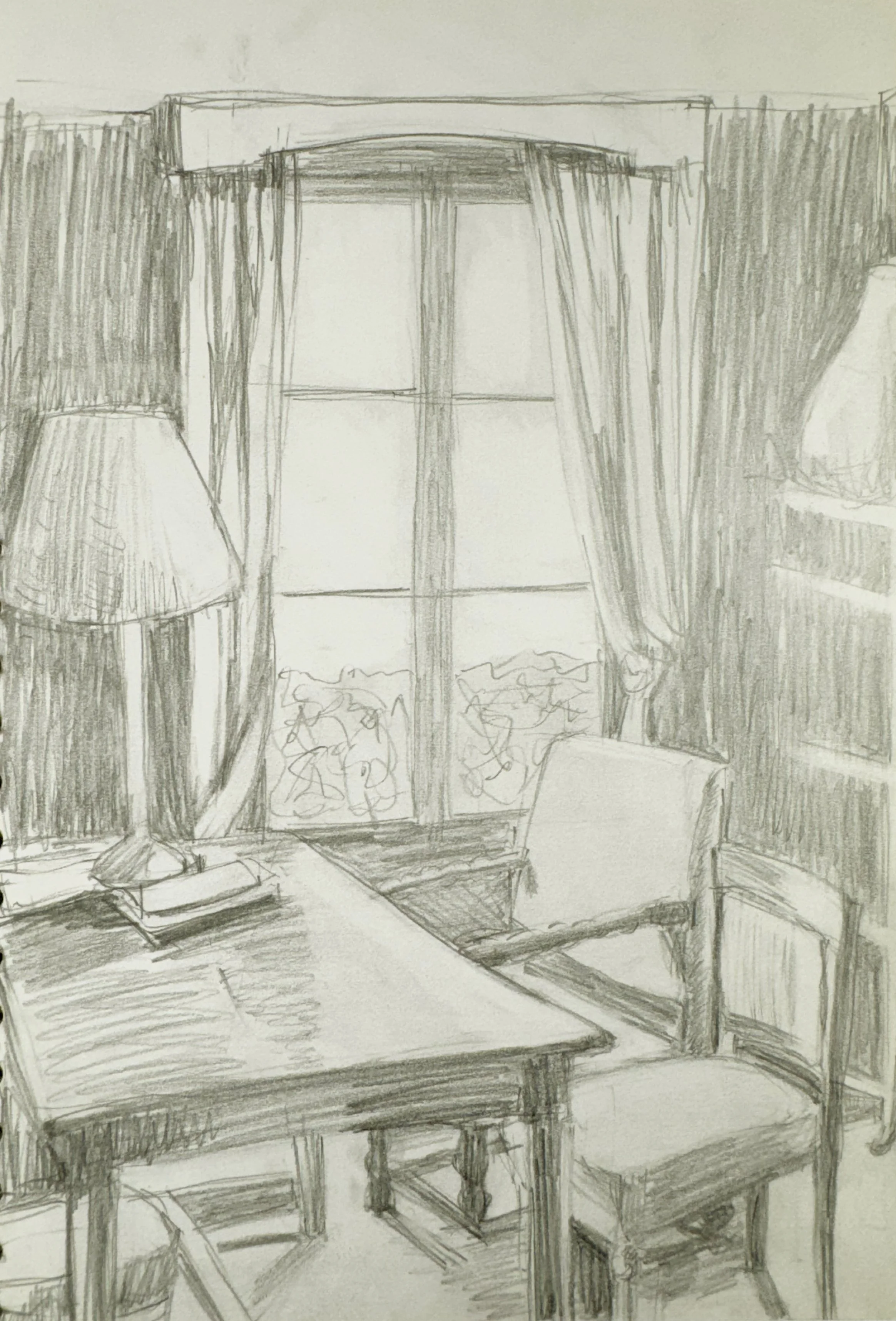 A detailed pencil sketch of an outdoor scene viewed through window with curtains. The scene includes various trees and a pathway or street.