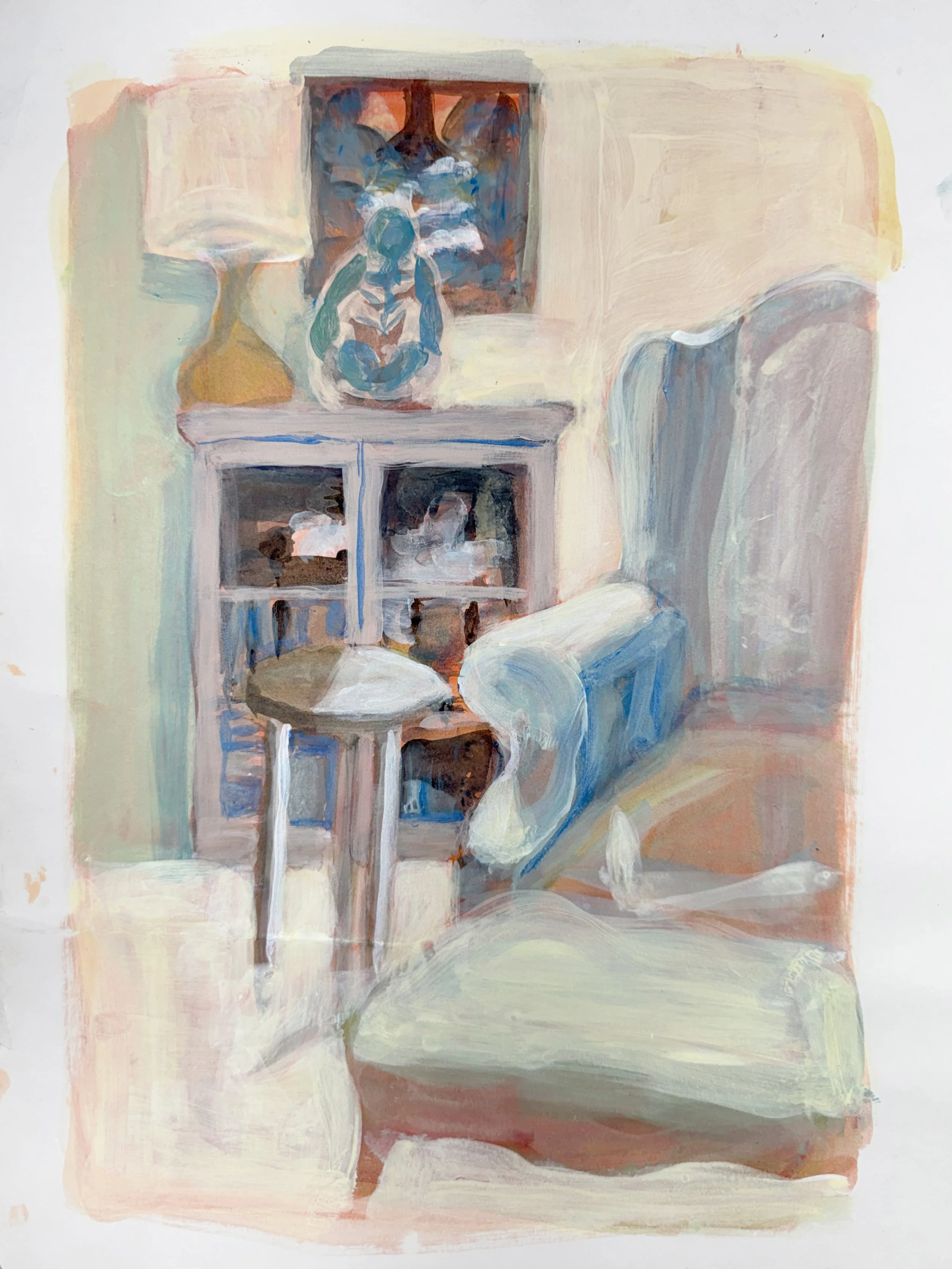 An abstract impressionist painting of a room with a table and chair. There is a cabinet or shelf with a decorative object on top and a painting on the wall behind.