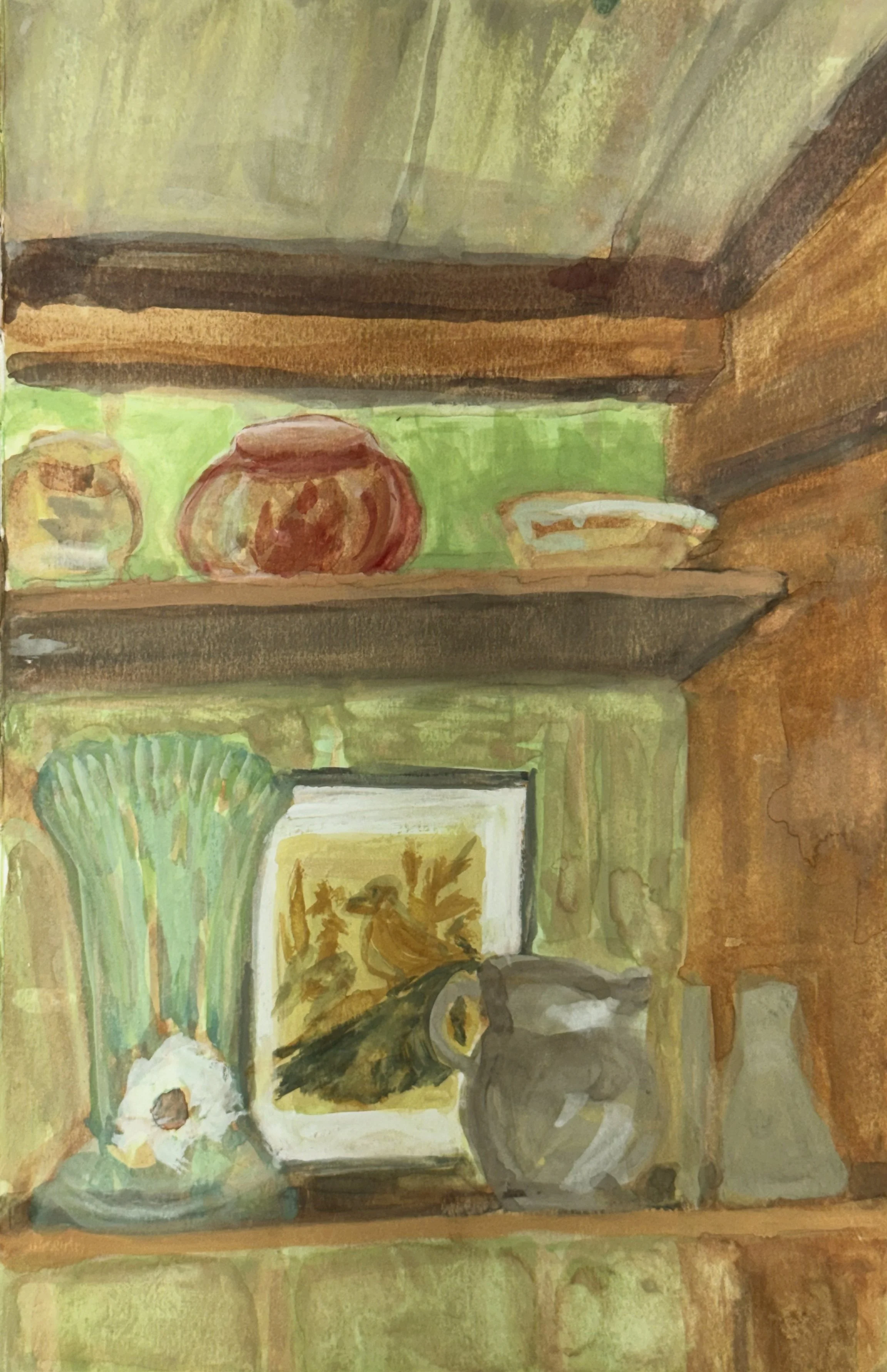 A watercolor painting of a cozy room featuring shelves with pottery and a fireplace with a framed picture above it.