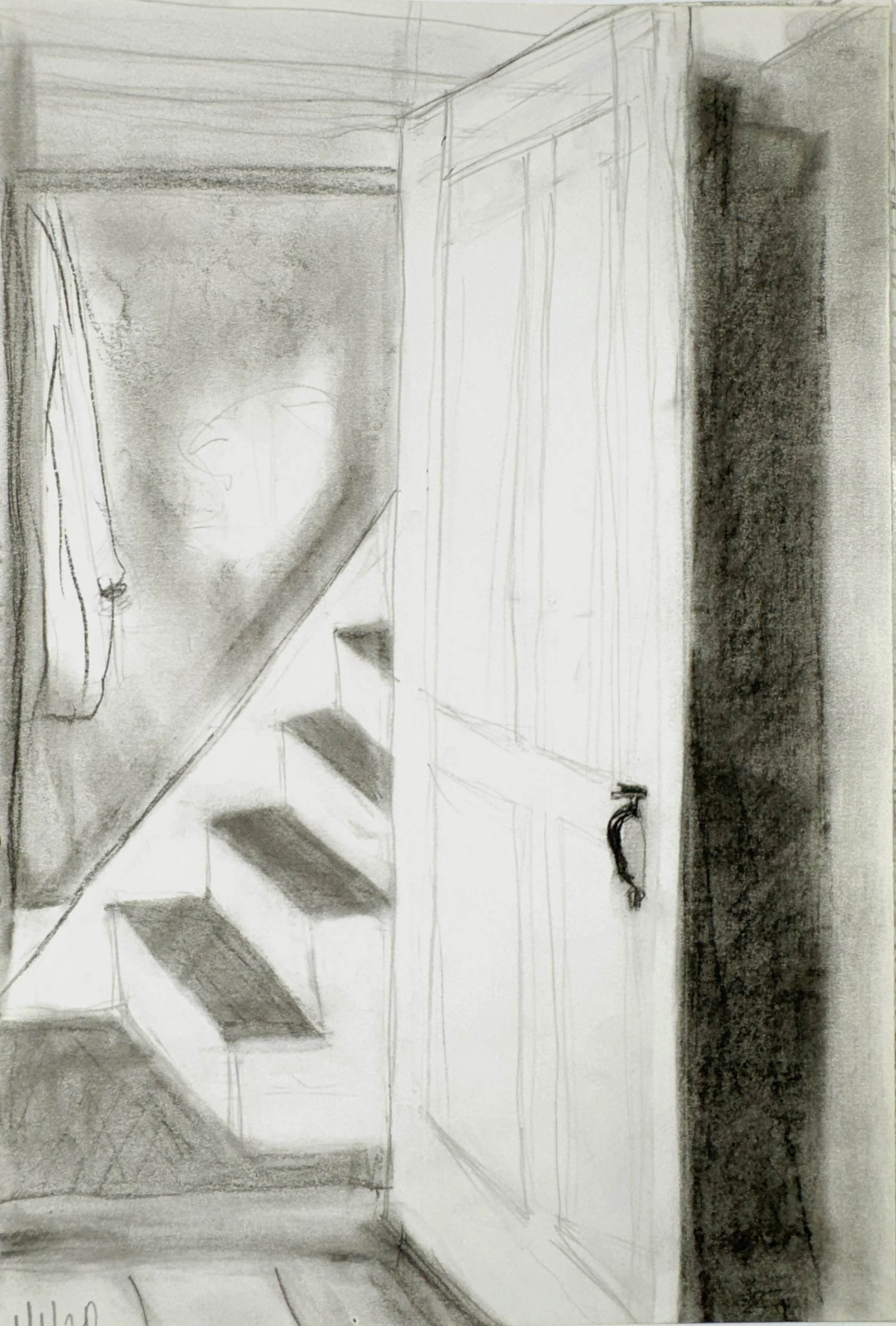 Sketch of a kitchen corner with countertops, cabinets, a sink, and a window.