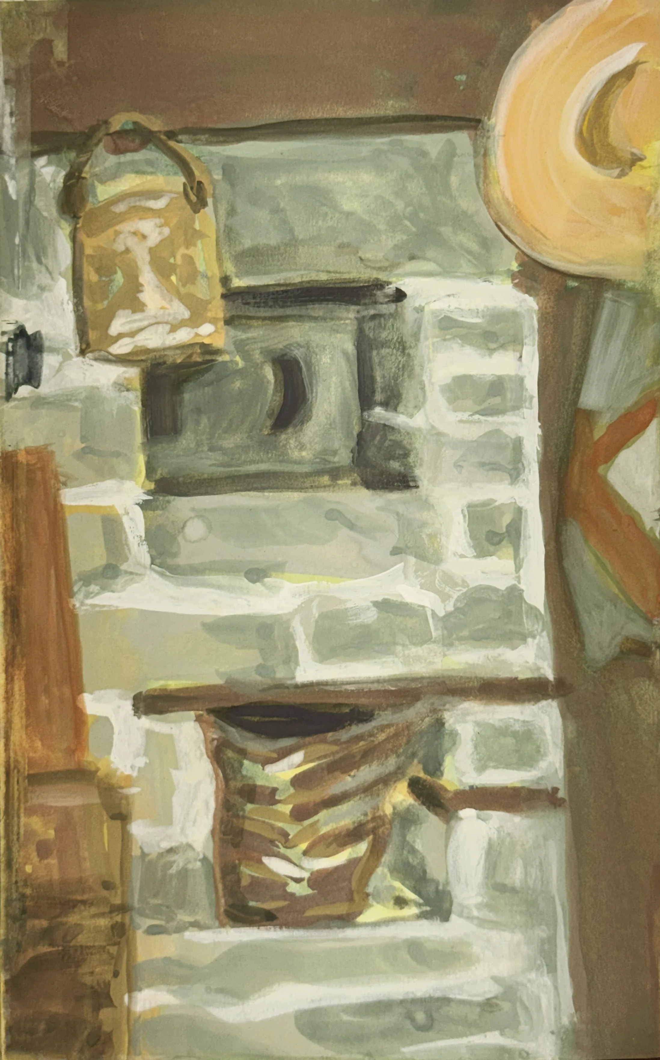 A still life painting of a rustic stove with a yellow kettle on top, a yellow bag hanging from a hook, and a potted plant in the foreground, using warm earth tones.