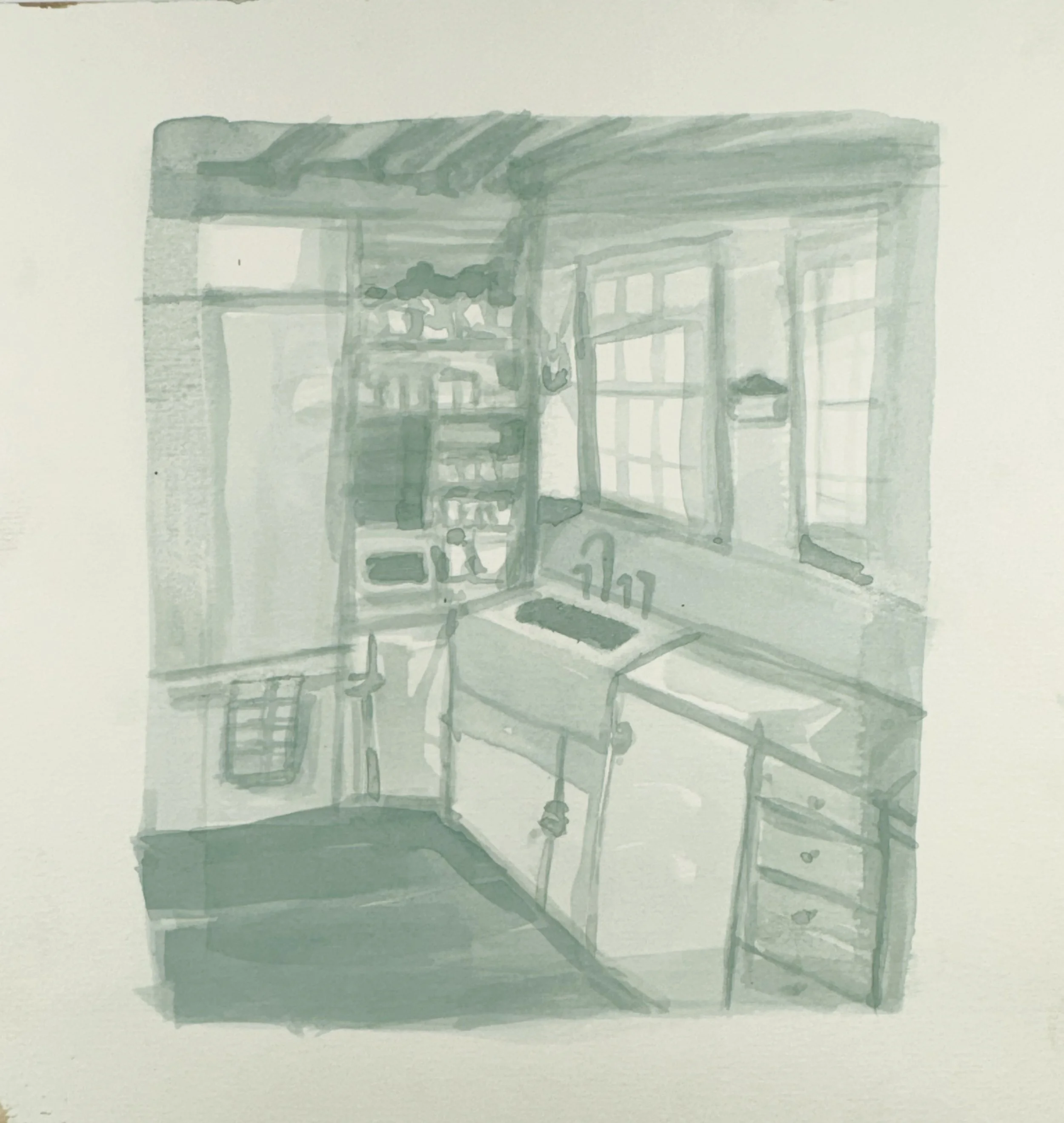 Watercolor painting of a wooden table with a small plant, a cup, and a book in a cozy room with large windows and curtains.
