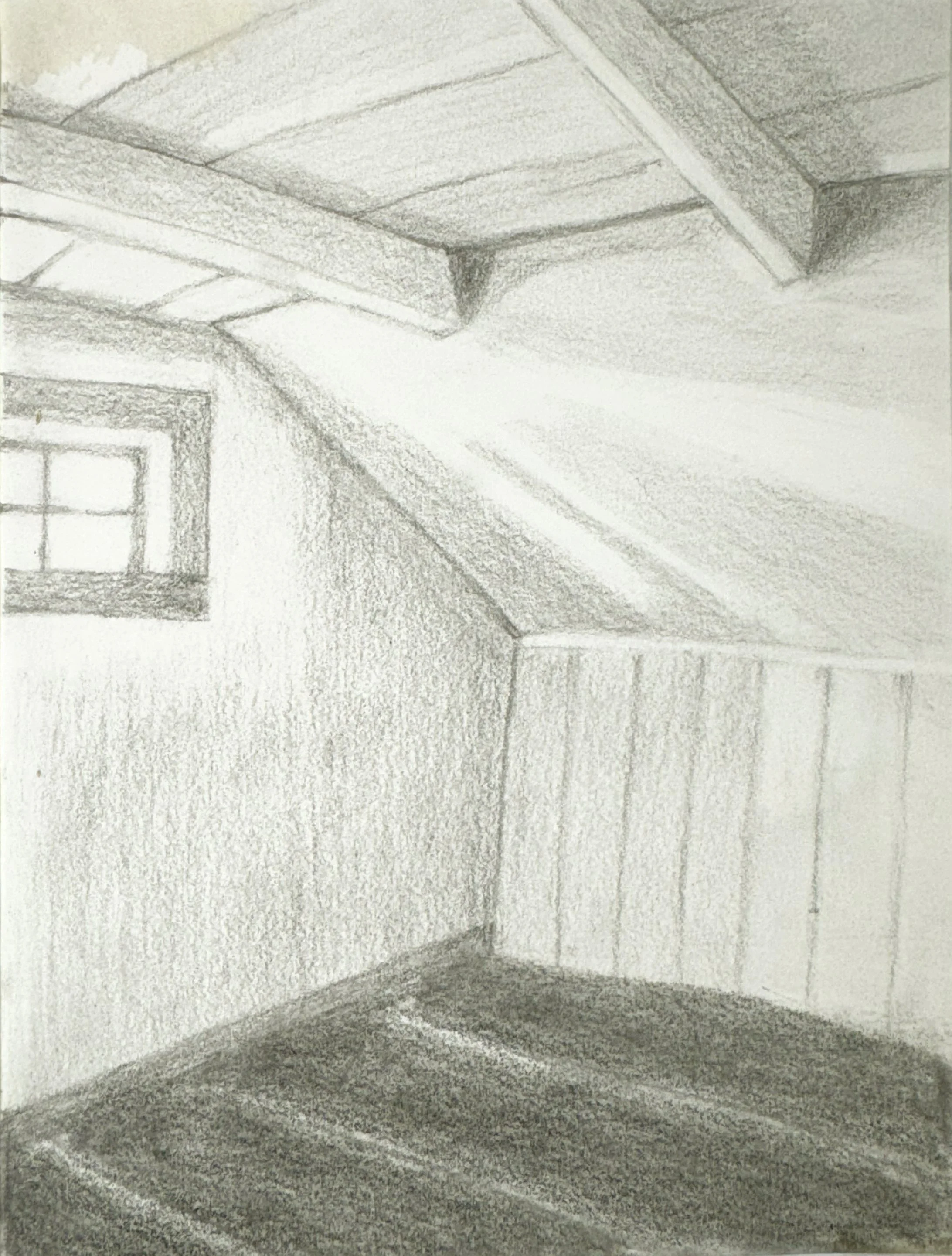 A pencils sketch of an indoor corner with a small window and ceiling beams.
