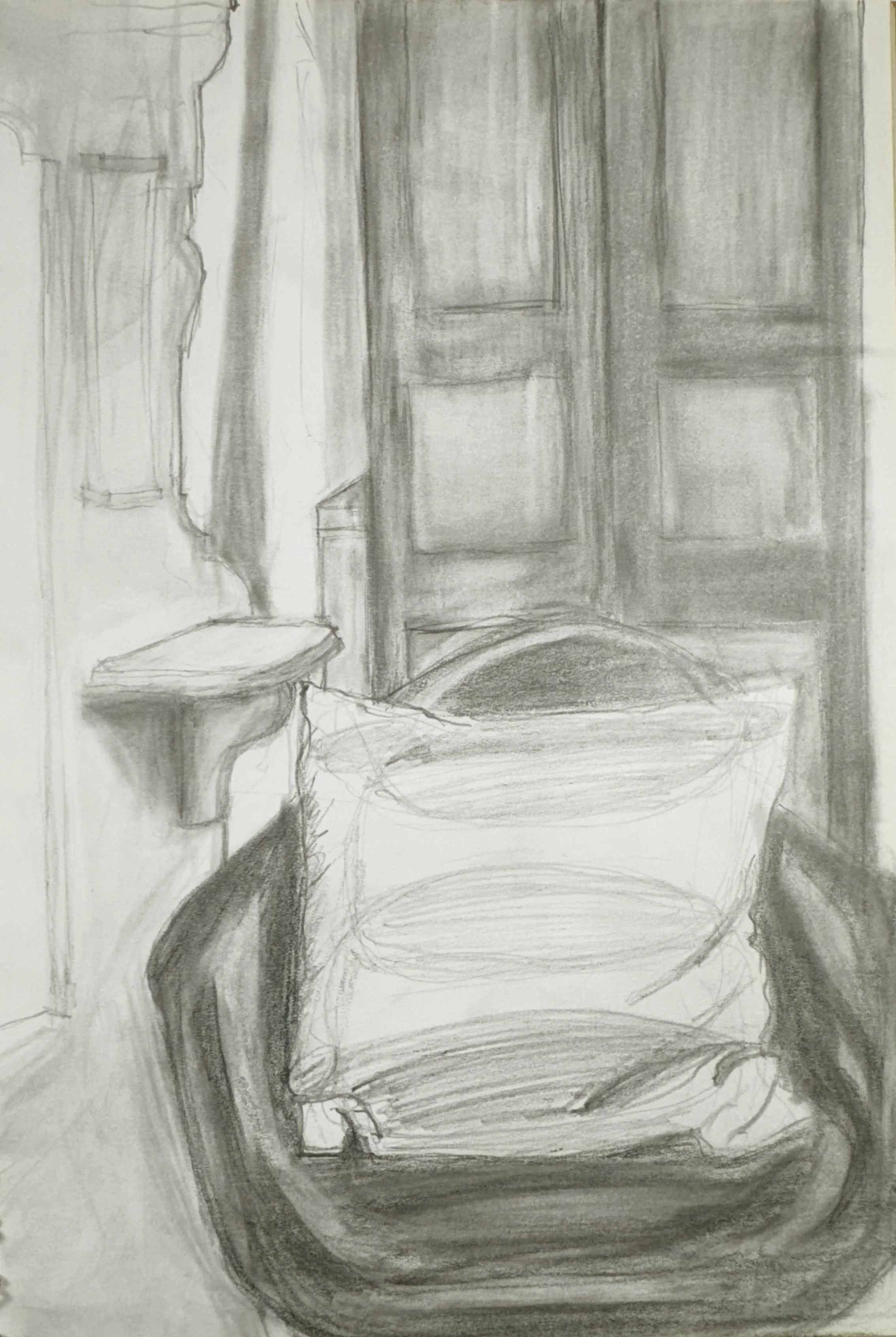 Sketch of an interior bathroom scene with a toilet, a cabinet, and hanging clothing. The drawing is done in pencil with loose, light lines.