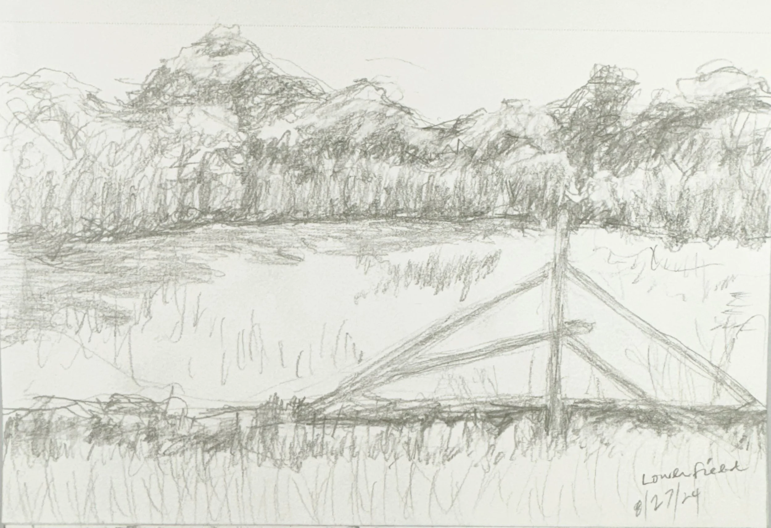 A pencil sketch of a landscape with mountains in the background, trees in the middle ground, and a fence or structure in the foreground.