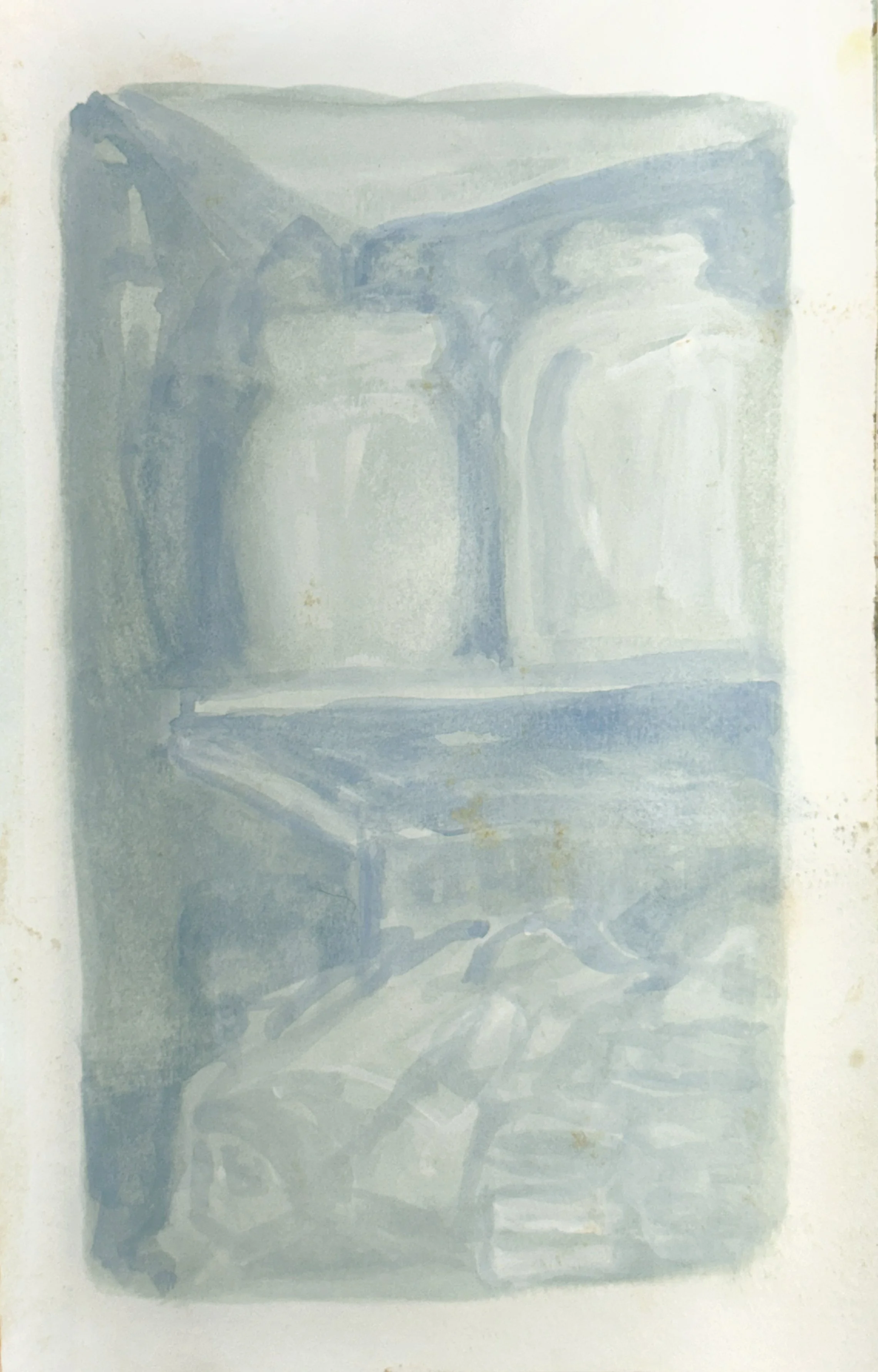 Abstract watercolor painting in shades of blue and gray with loose, flowing brushstrokes.