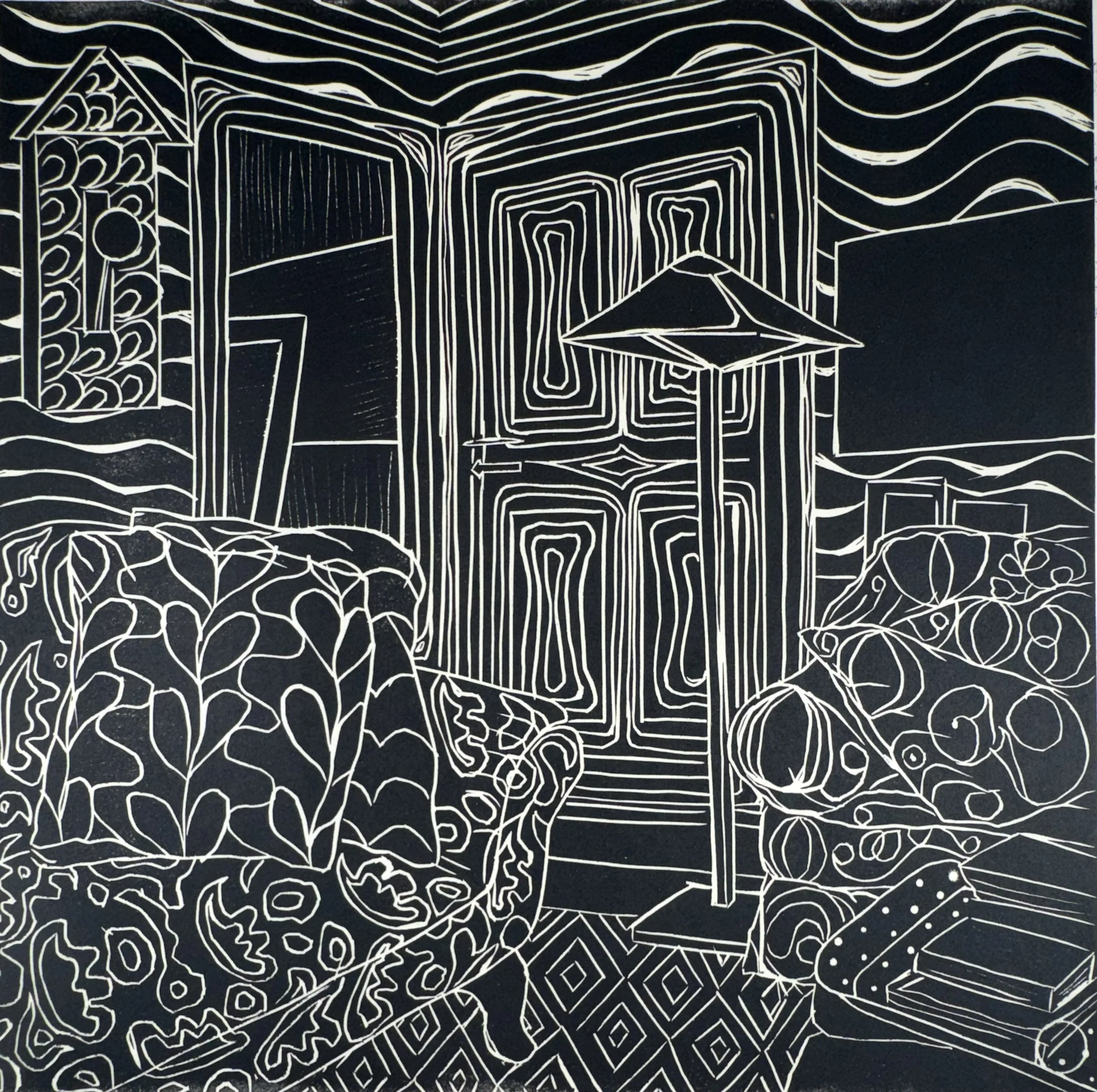 NOT CALM, 12 X 12 inches, relief ink on linoleum, printed on paper, variation