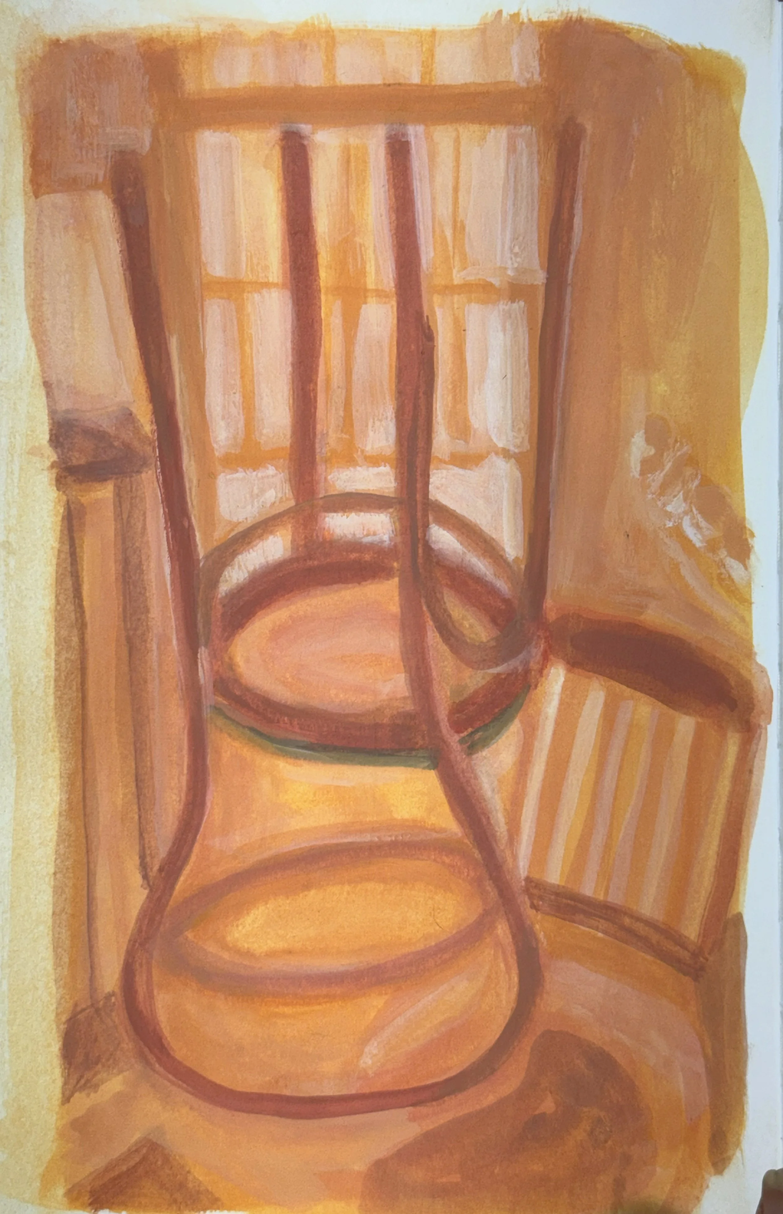 A painting of two glasses, one with a reddish tint and one with an orange tint, on a wrinkled orange and yellow background. The glasses are depicted with warm colors and bold brush strokes.