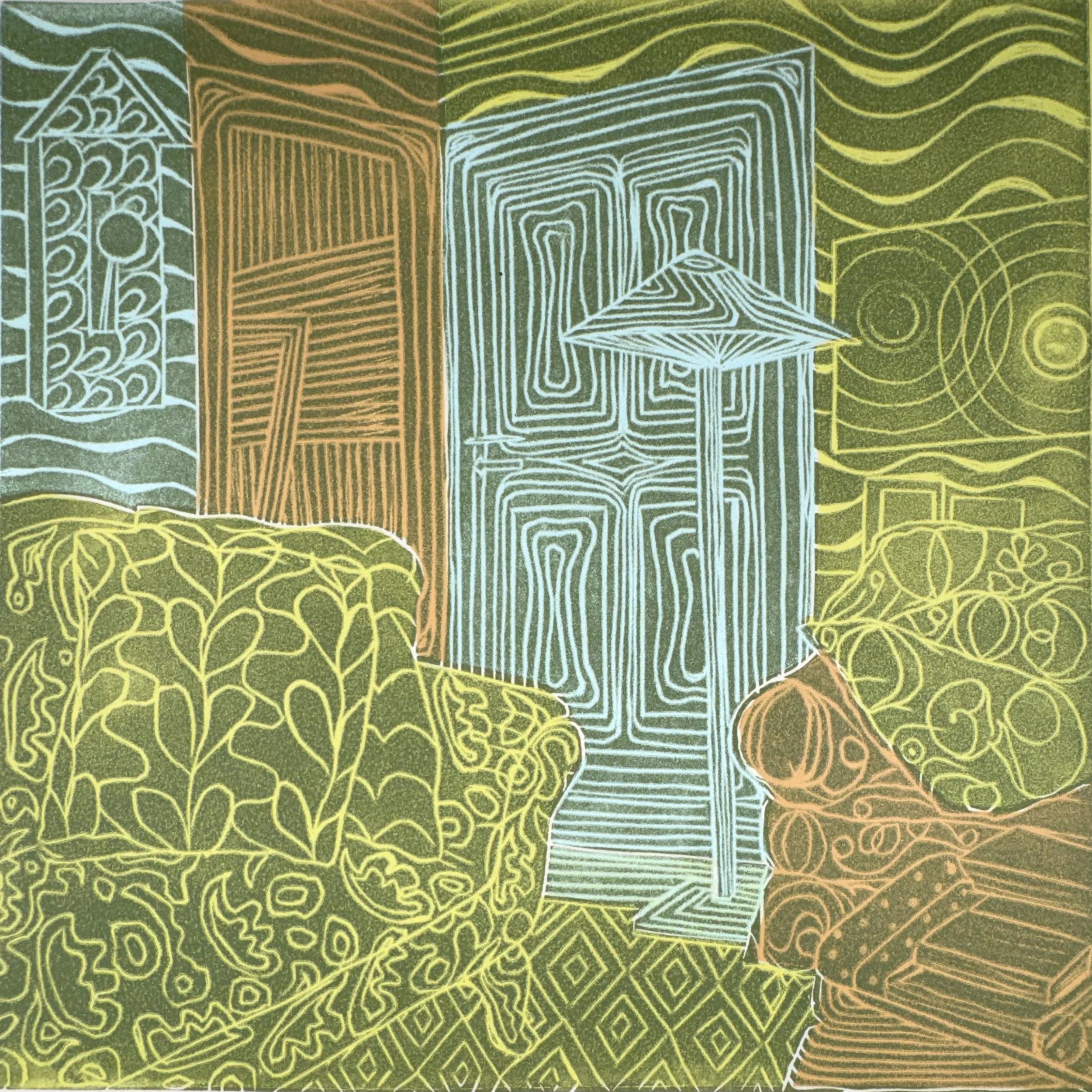 COLORFUL NOT CALM, 12 X 12 inches, relief ink on linoleum, printed on paper, variation
