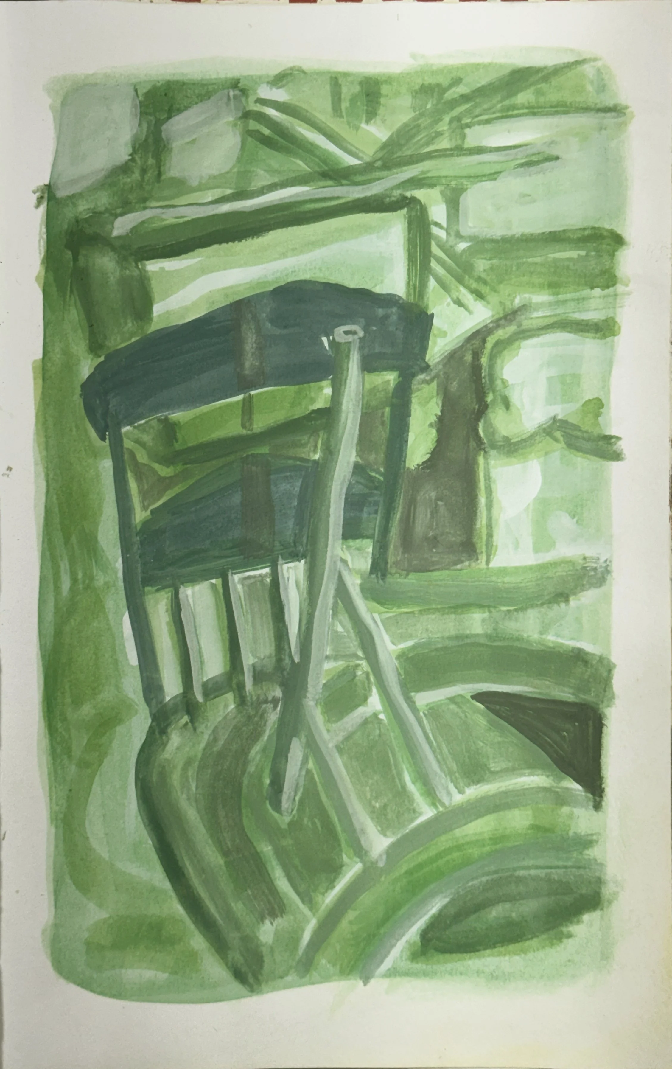 A green abstract painting depicting a chair, a table, and a plant, created with broad brush strokes and varying shades of green.