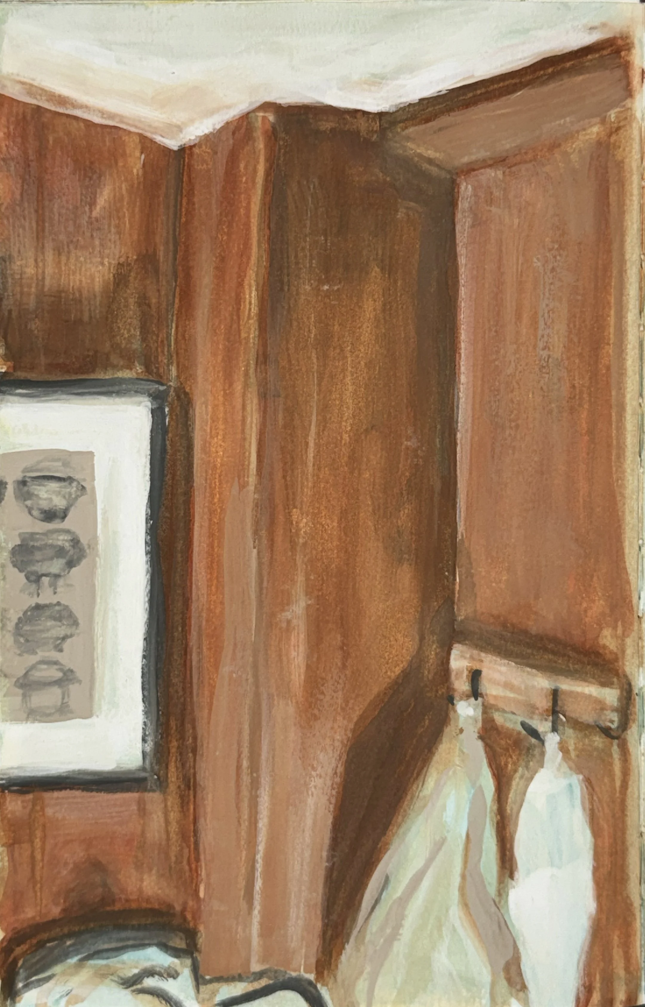 An abstract painting featuring warm earthy tones, depicting a corner of a room with a wooden table, a stove, and a partial view of a face.
