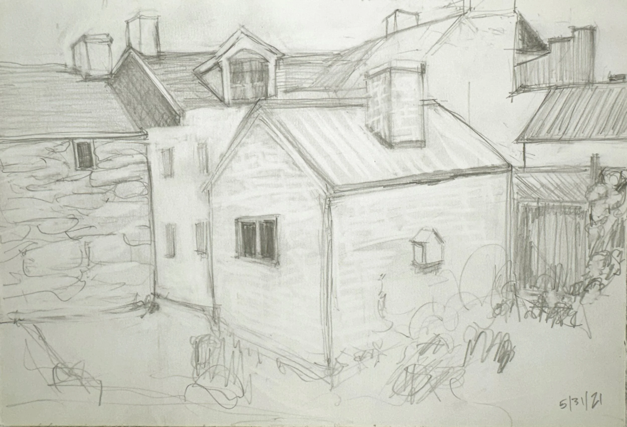 A rough pencil sketch of rooftops of houses and surrounding trees, showing various gable and hip roofs, chimneys, and windows.