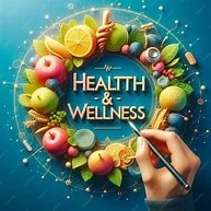 A graphic with a blue background featuring the words 'Health & Wellness' surrounded by various fruits and vegetables, with a hand holding a pen pointing at the words.