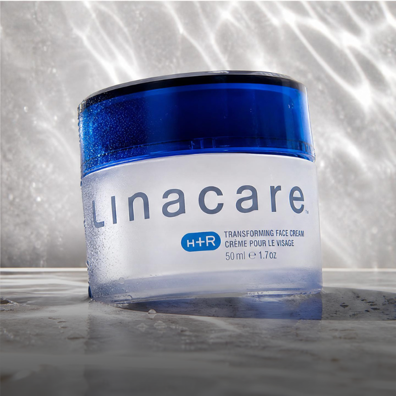 A jar of Linacare transforming face cream with a foggy, textured background.