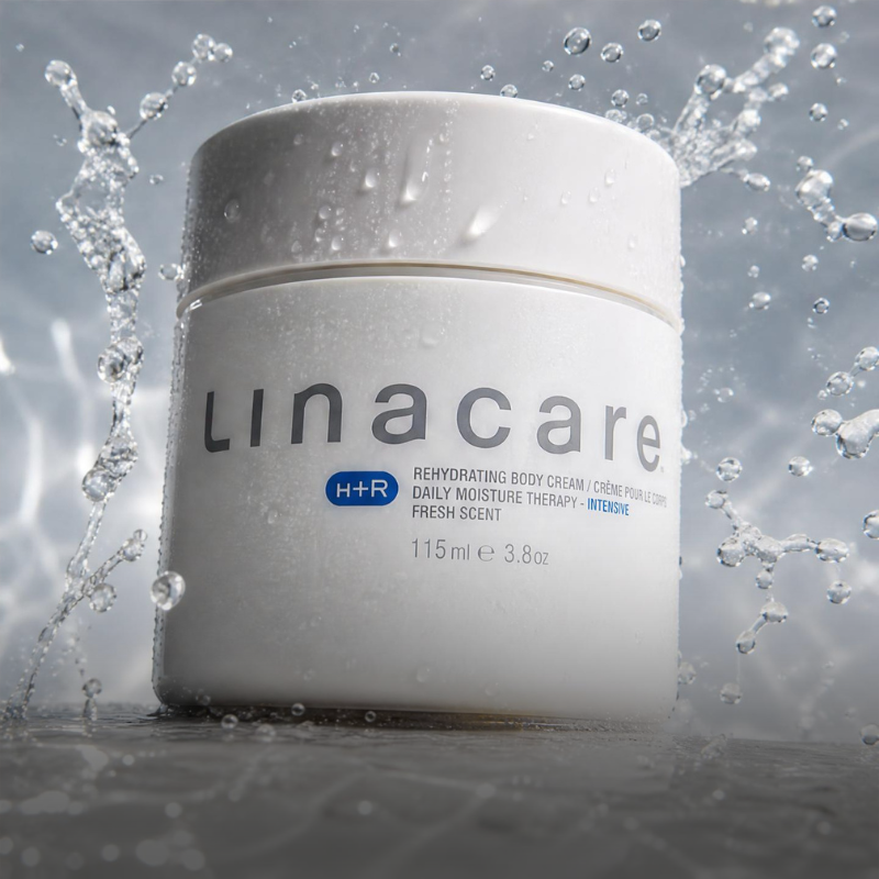 A white container of Linacare rehydrating body cream with water splashing around it.