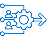 Flowchart icon with two user icons on the left, connected to a gear, and an arrow pointing to the right.