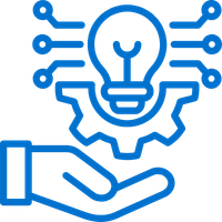 A stylized illustration of a hand holding a light bulb connected to circuit lines, symbolizing innovation or technology.