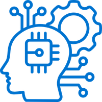 Outline of a human head with a microchip inside and connected circuit lines, representing artificial intelligence or machine learning.