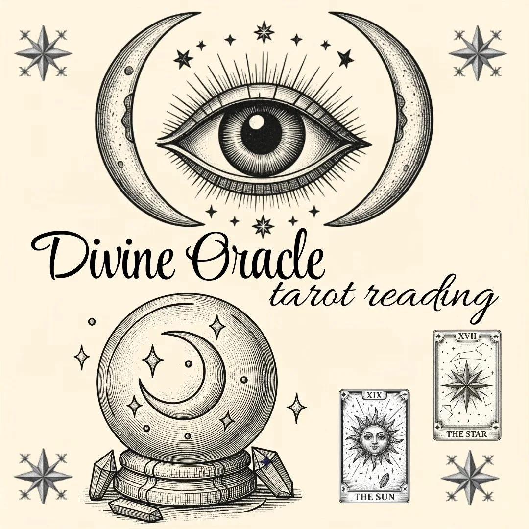 Black and white illustration with an eye, crescent moons, stars, and tarot cards, including the Sun and the Star, advertising Divine Oracle tarot reading.