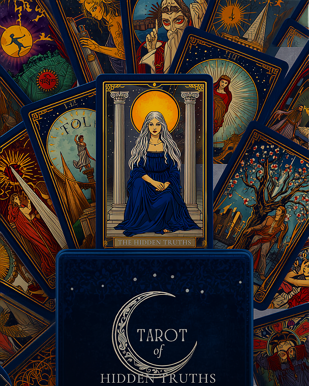 A spread of tarot cards, with the central card titled "The Hidden Truths" depicting a woman with long gray hair in a blue dress sitting on steps between two columns with a glowing yellow sun behind her. Surrounding cards feature various mystical and symbolic imagery, including a woman with a sword, a woman with a halo, a tree with blossoming flowers, and other mystical illustrations.