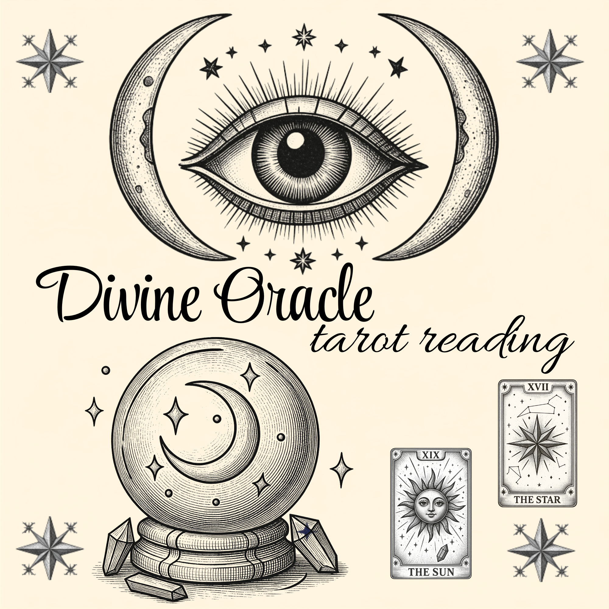 Illustration of a mystical eye within a crescent moon, surrounded by stars and planets, with tarot cards labeled "The Sun" and "The Star" below, and the phrase "Divine Oracle tarot reading".