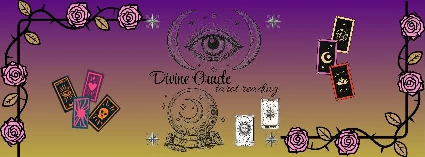 The image features a mystical theme with tarot cards, a carved skull, and celestial symbols. It has a purple and yellow gradient background, decorated with pink roses and black vines. Text reads 'Divine Oracle tarot reading,' accompanied by an eye inside and around a crescent moon.