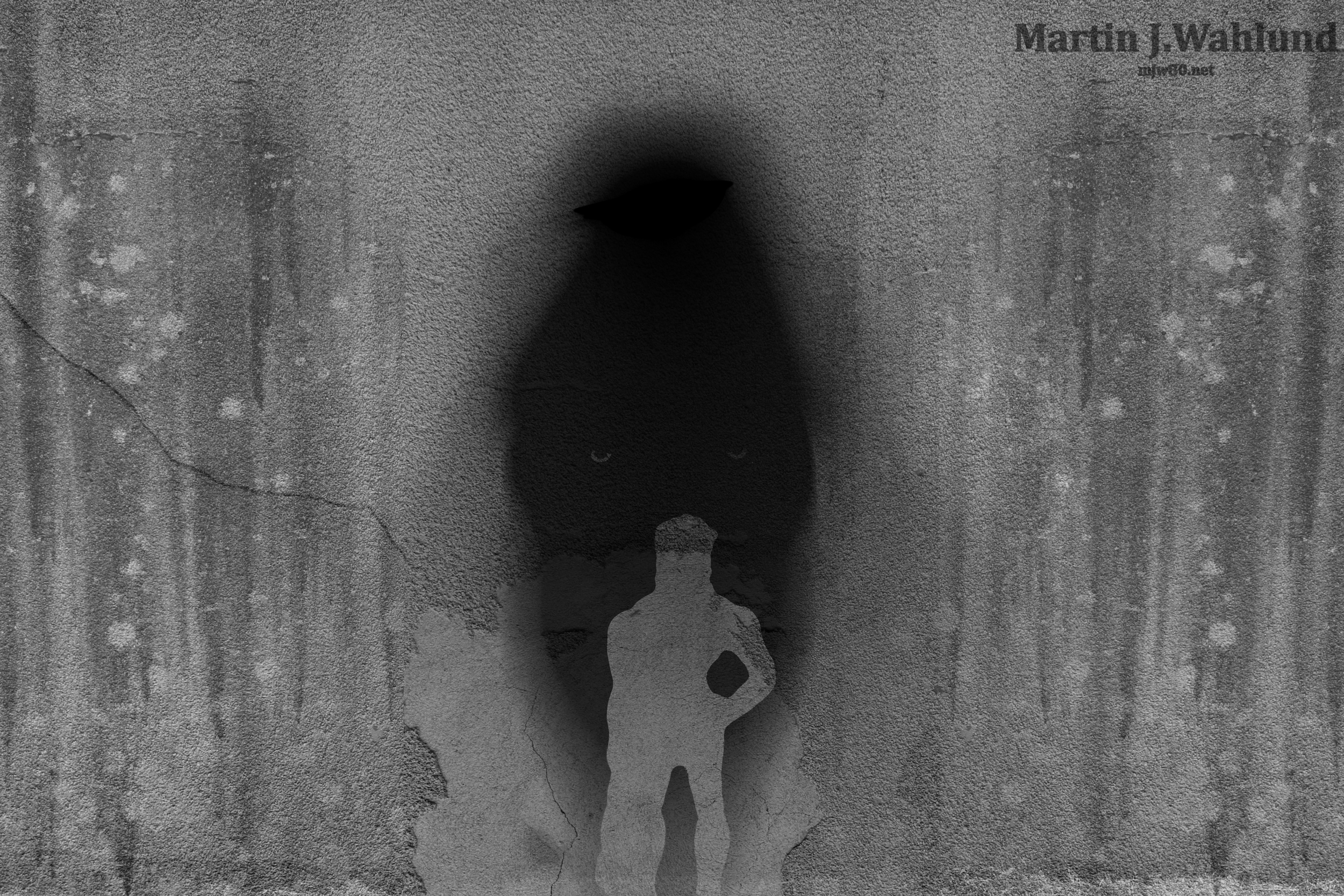 A black bird perched on a wall next to a dark circular hole. The wall has a textured, weathered surface with cracks.