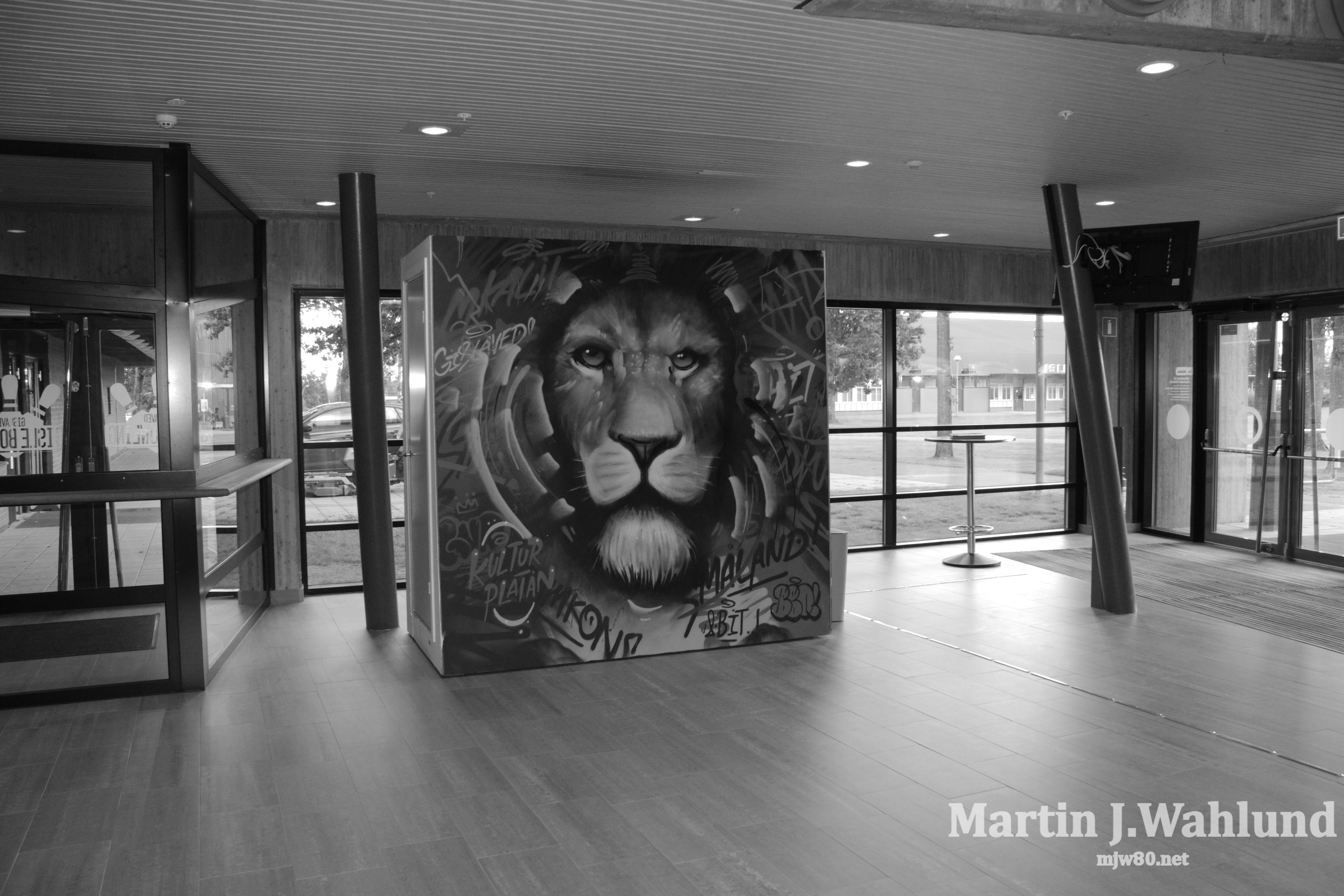 Black and white photo of the interior of a building with large windows. In the foreground, a mural of a lion's face with graffiti-style artwork around it. The bottom right corner has the text "Martin J. Wahlund" and "myw80.net."