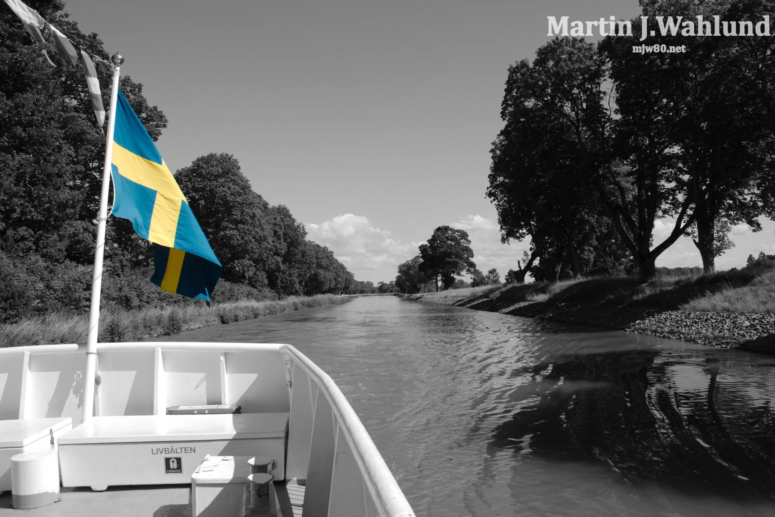 View from a boat on a river with black and white trees along the bank. A Swedish flag with blue and yellow colors is on a pole in the foreground. The sky is partly cloudy.