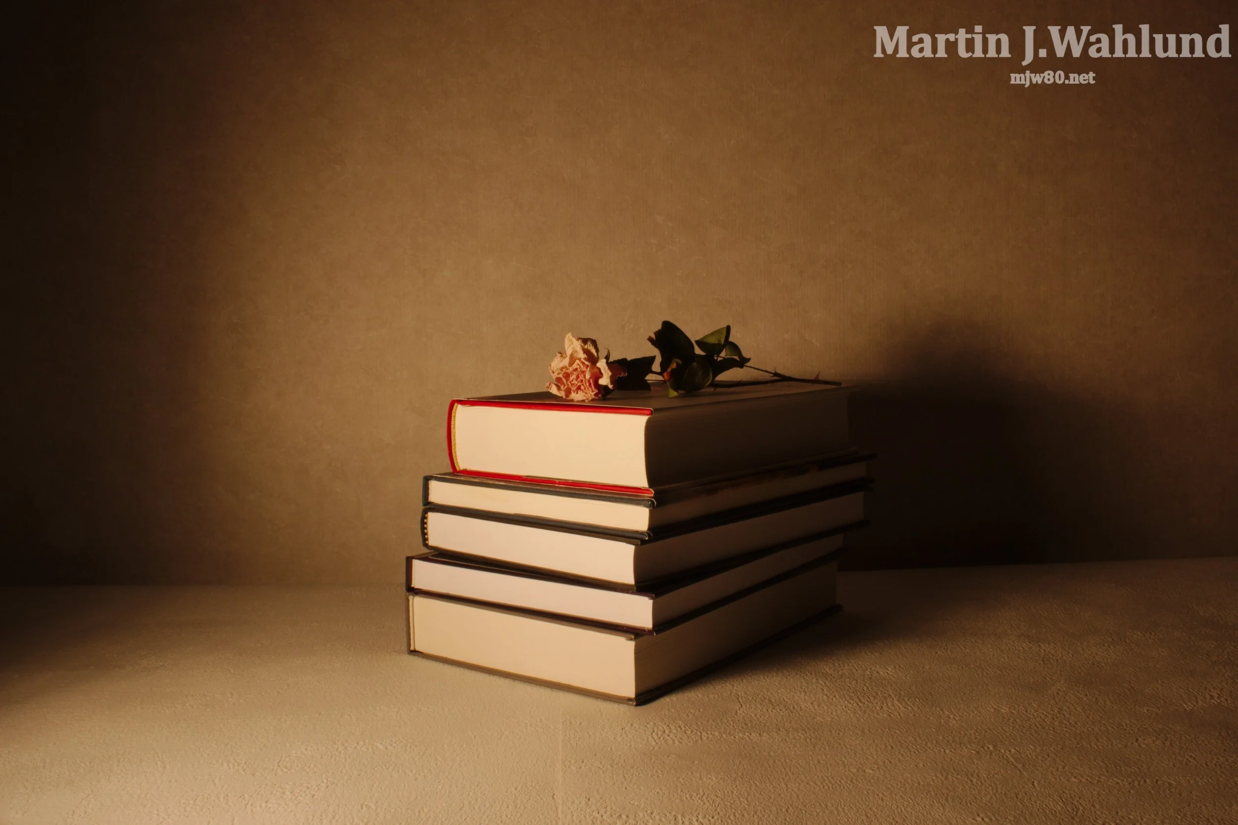 A stack of five books with a flower placed on top, all illuminated by warm light against a plain background.