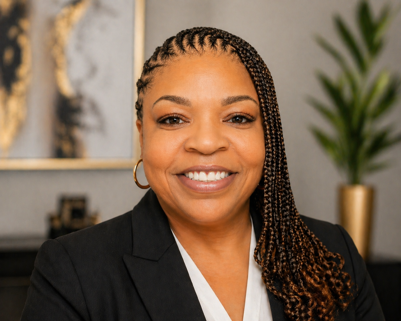 A smiling woman with braided hair, wearing a black blazer and hoop earrings, in a professional setting.