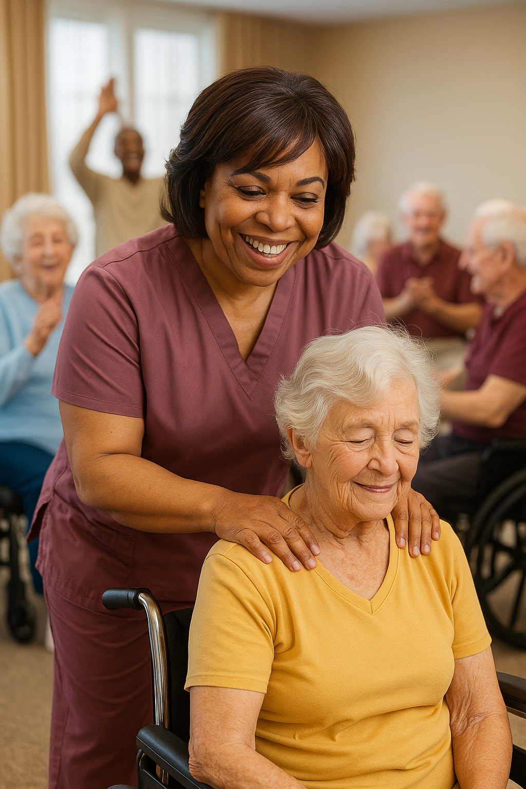 A caregiver giving a neck massage to an elderly woman in a wheelchair, with other elderly people in the background clapping and smiling.