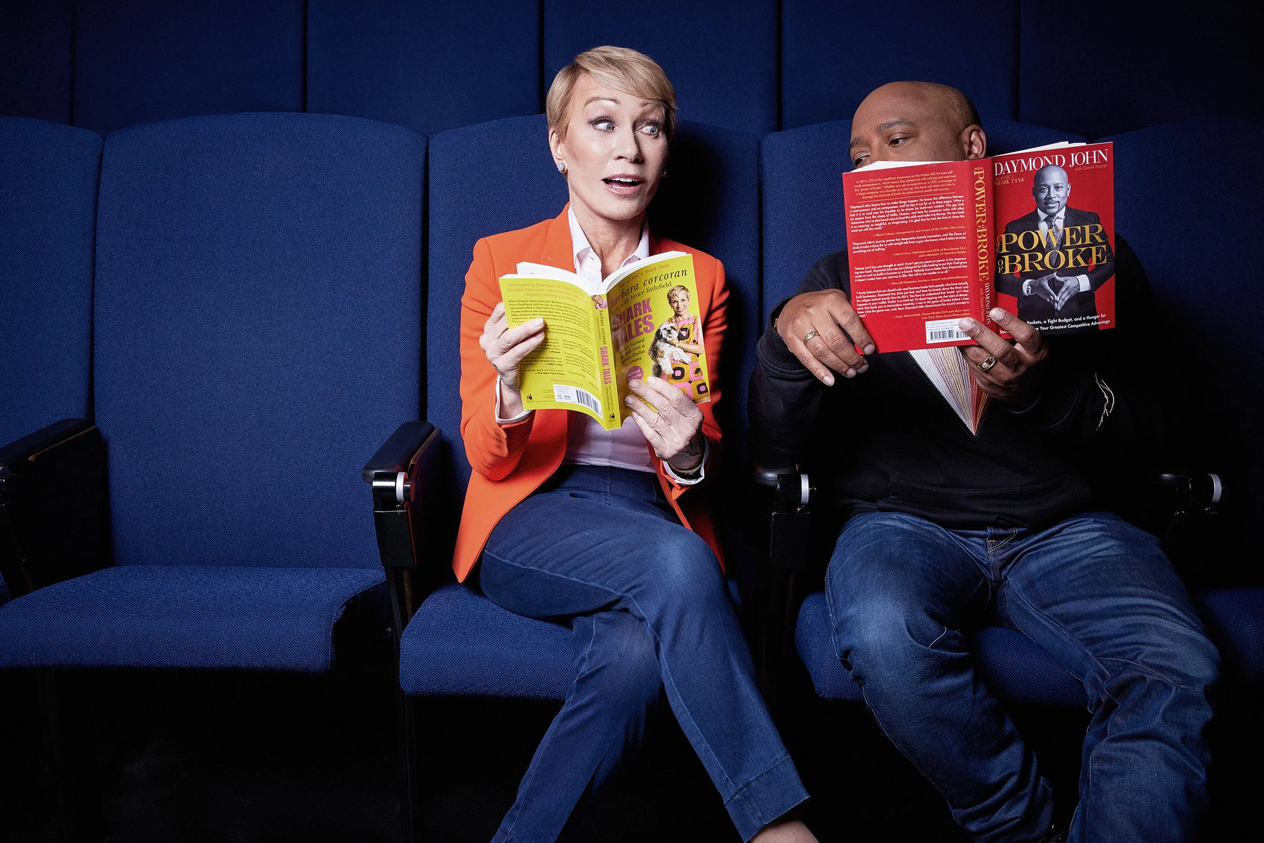 Barbara Corcoran and Daymond John reading their books during a branded portrait session for The Book Club.