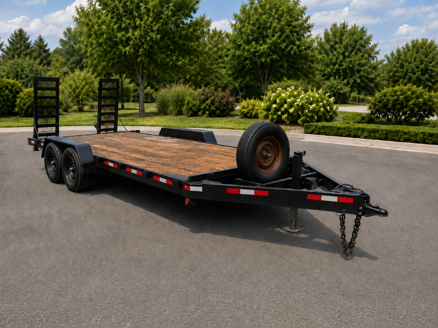 A black flatbed trailer with a wooden deck parked on a paved surface, surrounded by greenery and trees.
