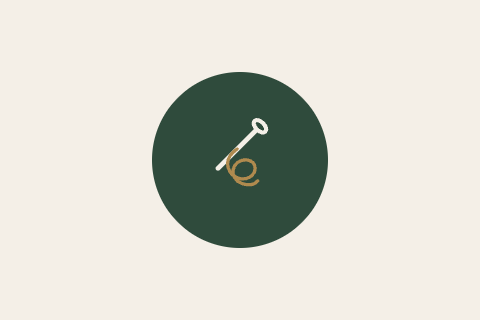 An illustration of a key with a circular handle, attached to a curly line, inside a dark green circle.