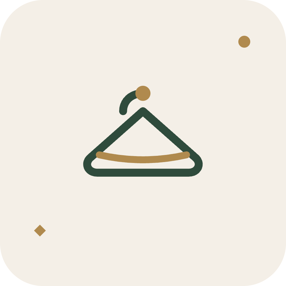 Minimalist illustration of a hanger with a brown hook and a brown bar, on a light background with small brown geometric shapes.